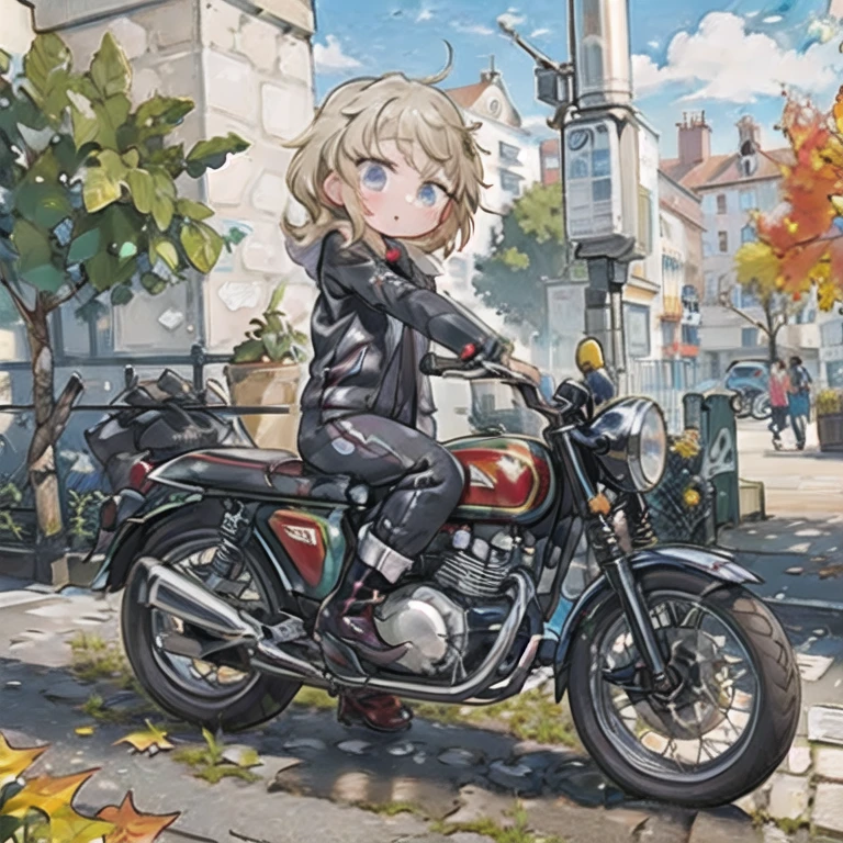 (masterpiece,  best quality:1.2), A young girl rides a small motorcycle, Alone,  fall leaves for vaginal discharge，