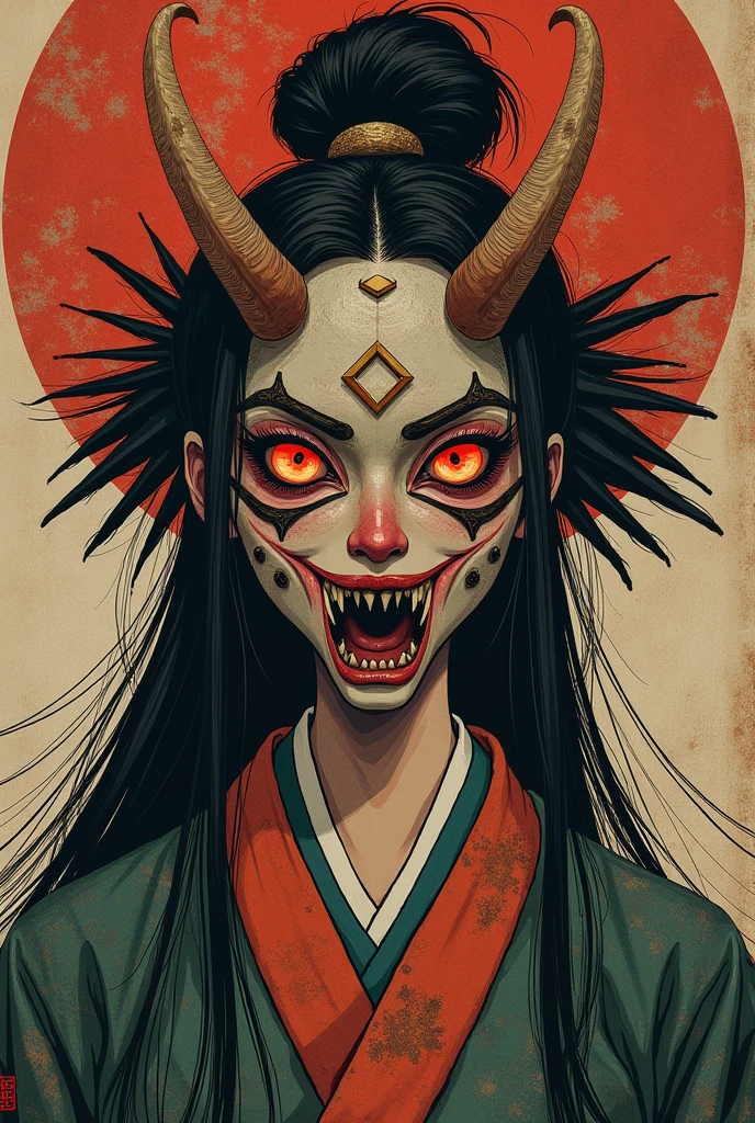 Adashino Benio do anime Sousei no Onmyouji, pele 100% white, focus on the neck of the body, woman in front, blood red japanese demon samurai mask in 50% of the face with only 1 horn, blood red triangle behind with dark red clouds inside, completely black image background, super verbose, super resolution.
