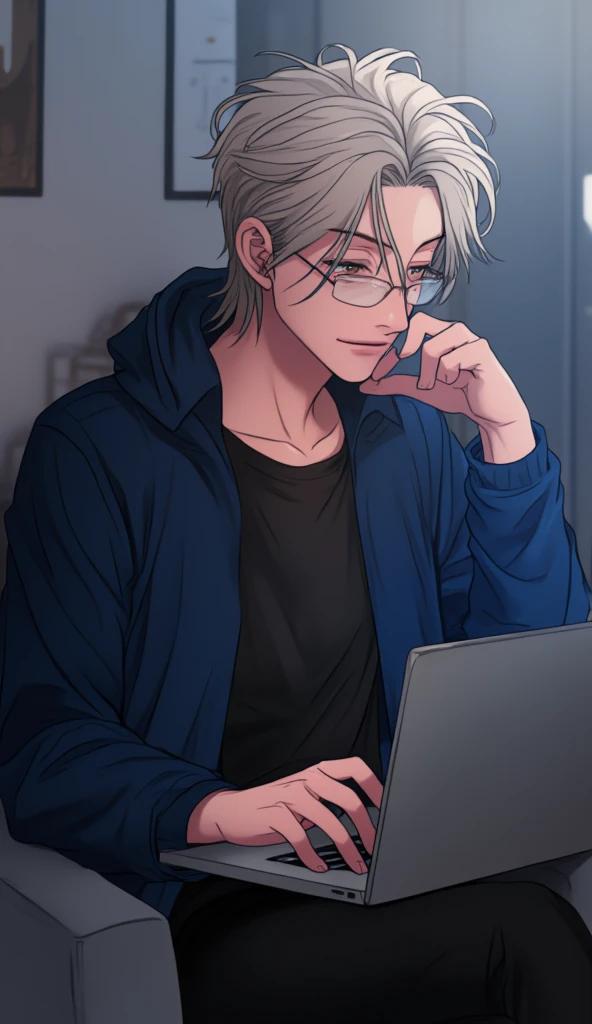 A young man sitting fiddling with his laptop with white hair a black T-shirt with Blue overcoat, His power is technology, Semi-realism