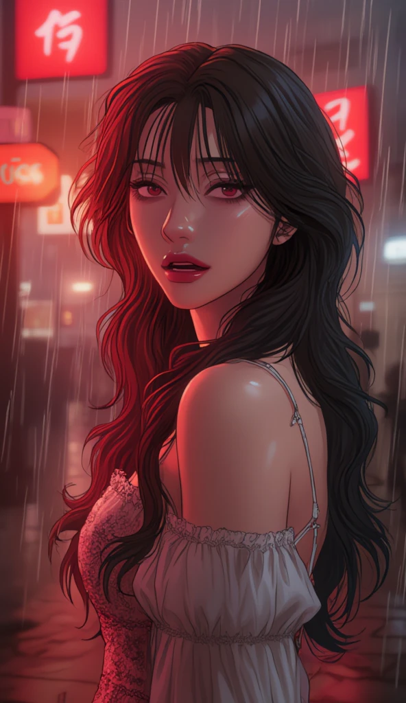 ((Best quality, 8k, lace maxi dress, standing in the rain, red light district, highly detailed face and skin texture, detailed eyes, double eyelids.)