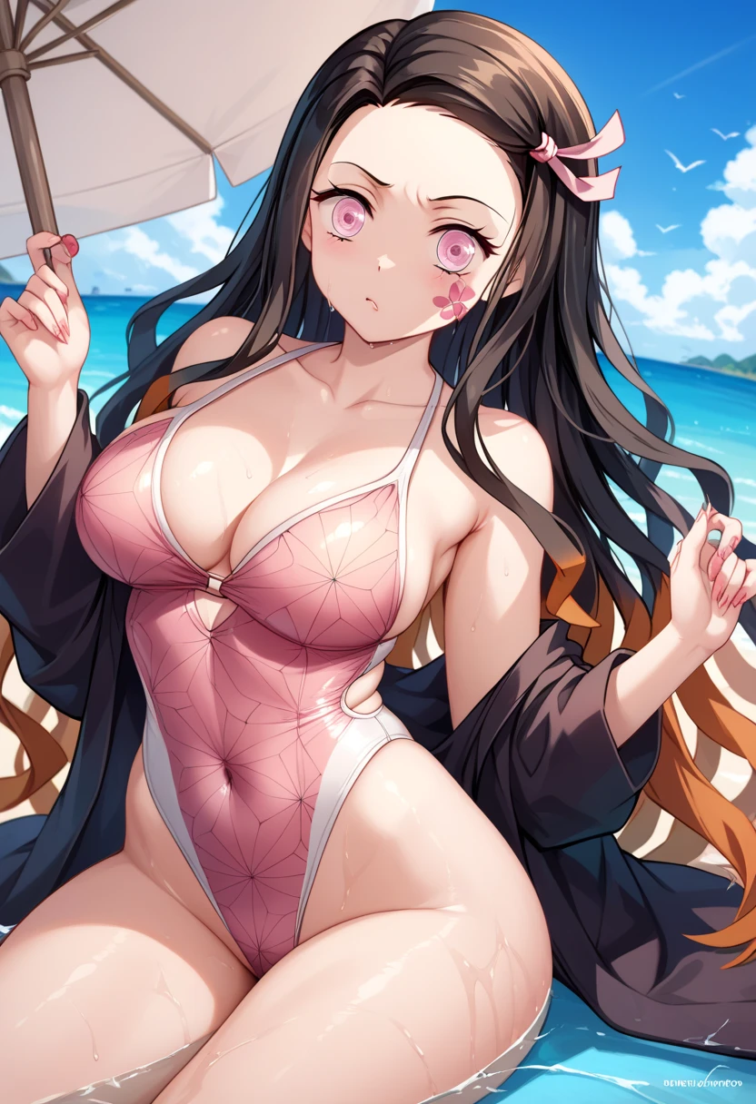 I want to see an image of Nezuko Kamado from Kimetsu no Yaiba, that she is wearing a sensual swimsuit, in her demon form, that the swimsuit is translucent, that her swimsuit is colored pink, with a confused face, surrounded by girls. 4K, detailed image, no filter.