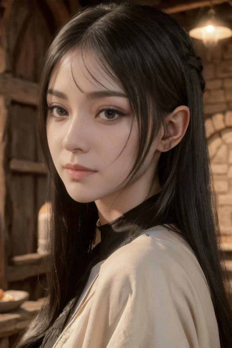 young medieval peasant woman with long black hair, porcelain skin, 8k, medieval city, A beautiful adult woman with a soft face, perfect brown eyes, detailed face, long eyelashes, cinematic photorealistic lighting, (best quality,4k,8k,highres,masterpiece:1.2),ultra-detailed,(realistic,photorealistic,photo-realistic:1.37),cinematic, bright light