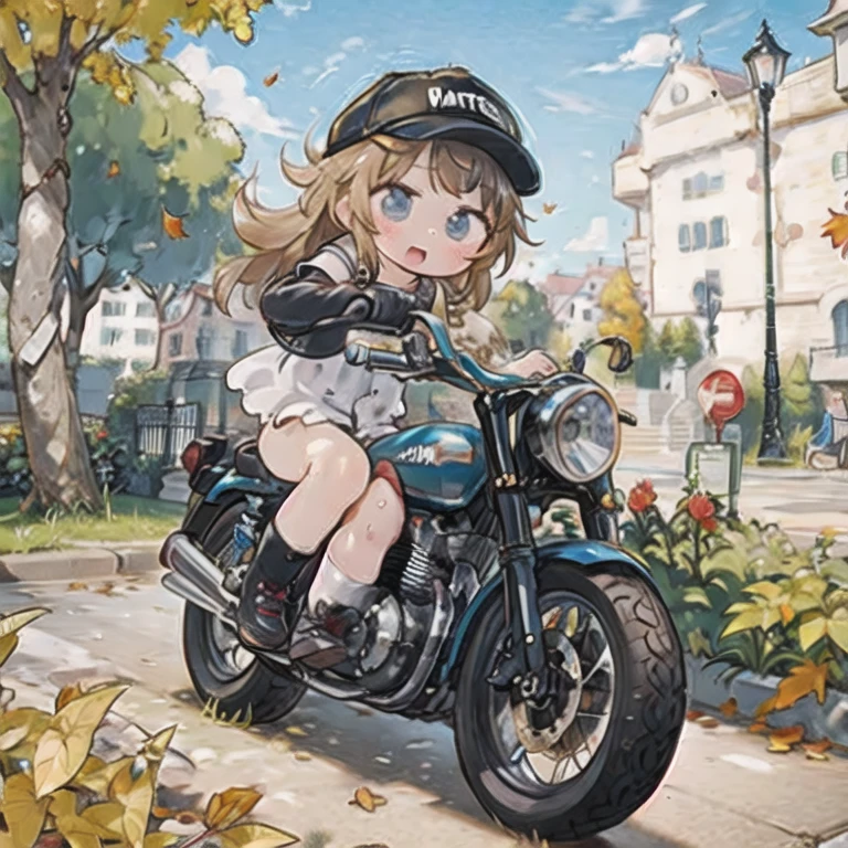 (masterpiece,  best quality:1.2), A young girl rides a small motorcycle, Alone,  fall leaves for vaginal discharge，