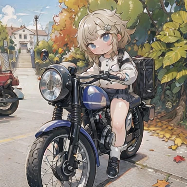 (masterpiece,  best quality:1.2), A young girl rides a small motorcycle, Alone,  fall leaves for vaginal discharge，