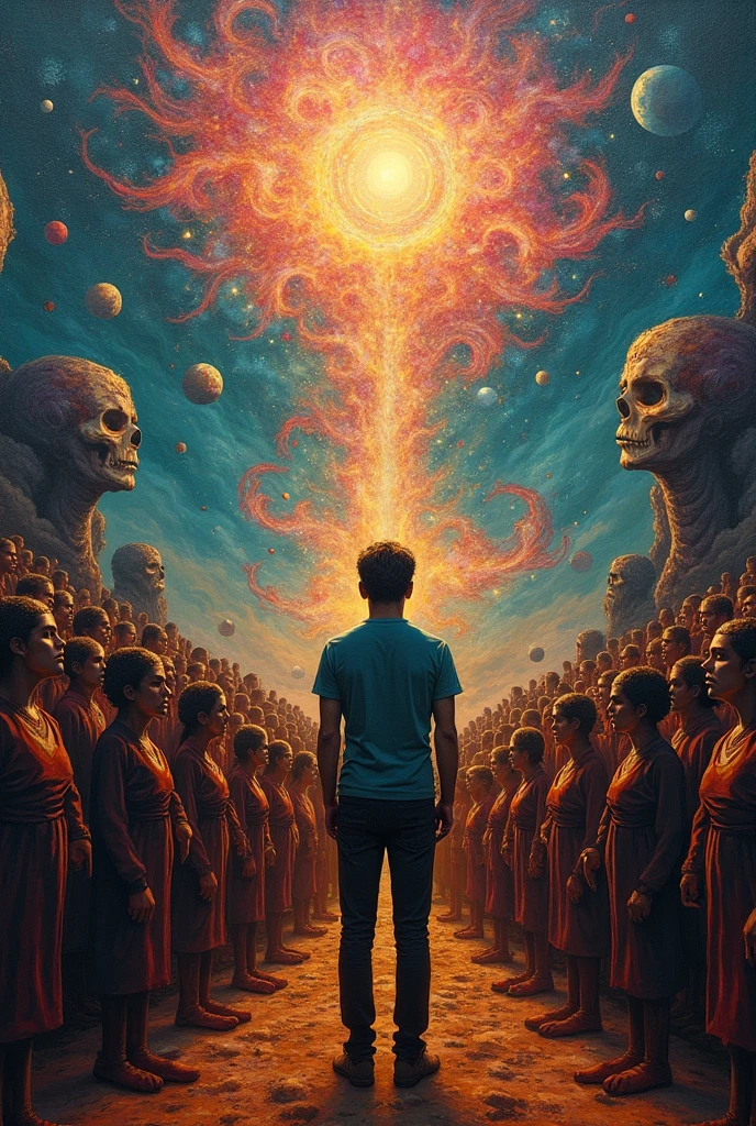  painting of a man standing in front of a crowd, Hallucinatory Art ,  Psychedelic Surreal Art , Shamanistic horror LSD art,  surreal art of fear , dmt death of ego,  psychedelic cosmic horror , DMT egodeth ,  Shamanism DMT Horror Art ,  ultra-detailed fantastic art ,  highly detailed visionary art , Tool Band Art, Style Alex Grey 