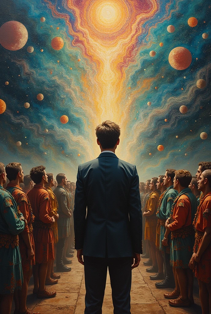  painting of a man standing in front of a crowd, Hallucinatory Art ,  Psychedelic Surreal Art , Shamanistic horror LSD art,  surreal art of fear , dmt death of ego,  psychedelic cosmic horror , DMT egodeth ,  Shamanism DMT Horror Art ,  ultra-detailed fantastic art ,  highly detailed visionary art , Tool Band Art, Style Alex Grey 