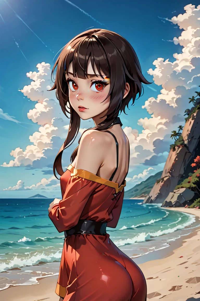 (highest quality:1.2, Very detailed, Latest, Vibrant, Super Detail, Ultra-high resolution, High Contrast, masterpiece:1.2, highest quality, Best aesthetics, there is:0.9), alone, (1 female), Megumin, short hair, black hair, (red eyes:1.3), short hair with long locks, minimal, 1girl, solo, red eyes, nose blush, shy, looking at viewer, tight round butt, cute overload, small breasts, slim figure, contrapposto, (beautiful sandy shore), (ocean in background), (beautiful blue sky),
