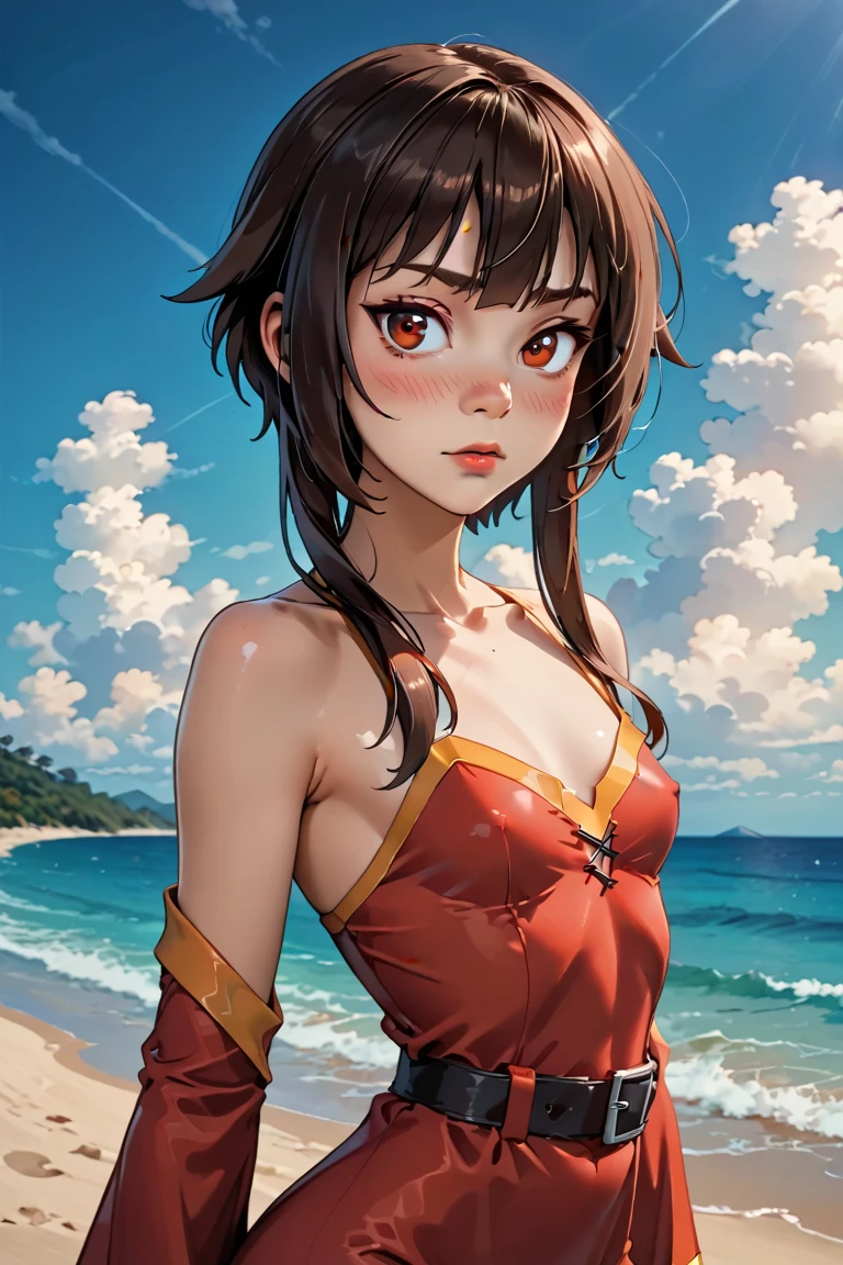 (highest quality:1.2, Very detailed, Latest, Vibrant, Super Detail, Ultra-high resolution, High Contrast, masterpiece:1.2, highest quality, Best aesthetics, there is:0.9), alone, (1 female), Megumin, short hair, black hair, (red eyes:1.3), short hair with long locks, minimal, 1girl, solo, red eyes, nose blush, shy, looking at viewer, tight round butt, cute overload, small breasts, slim figure, contrapposto, (beautiful sandy shore), (ocean in background), (beautiful blue sky),
