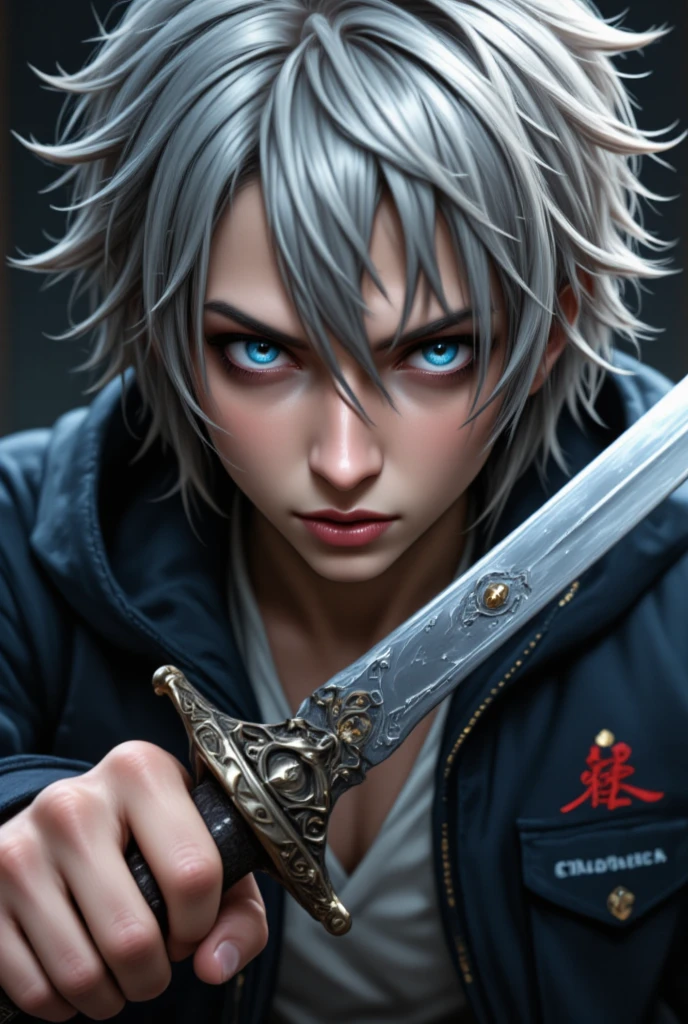  close-up of a person with gray hair and a sword, Nagito Komaeda,  of a smiling man in uniform , He has dark grey hair, Silver-haired madman,  tall anime boy with blue eyes , Okumura Masanobu Vodowalu , Young Anime Guy,  male anime character, Nagito Komaeda from Kibogaoka Junior High School from Danganronpa 