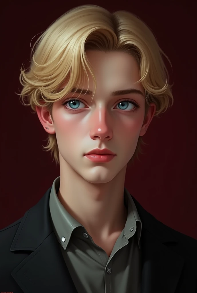 young blond man, with light blue eyes , I bet, with a dark wine background