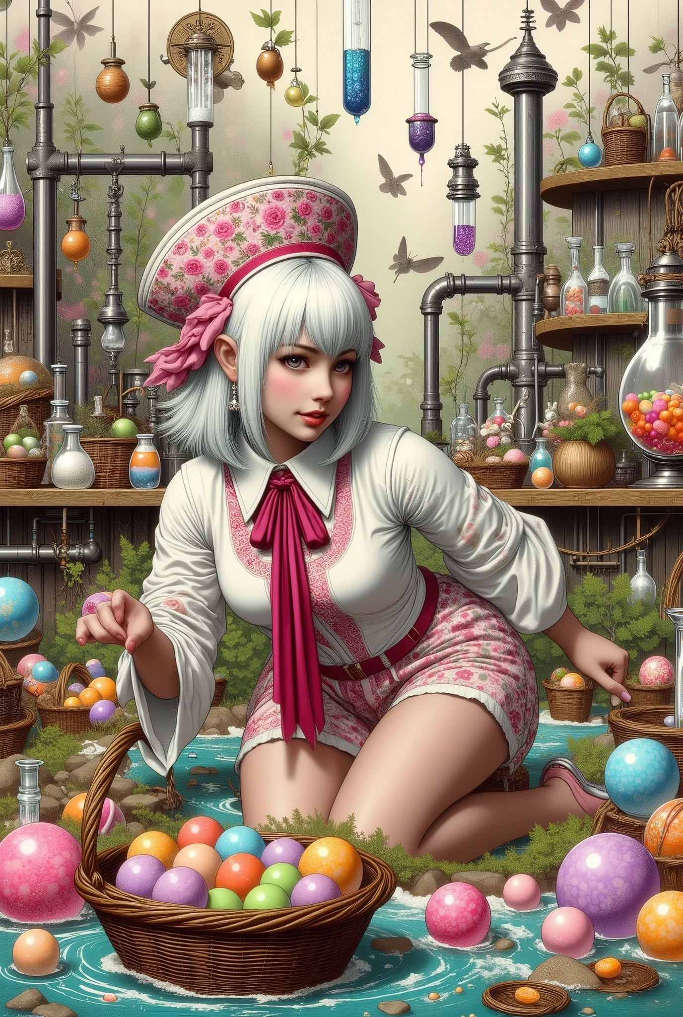 (Ultra-detailed face, Looking away, Fantasy Illustration with Gothic, Rich tone colors, Perspective looking down from above), BREAK 
(A dark elf woman is slumped on the floor in a daring pose, her body enveloped in colorful rainbow-colored bubbles that have splattered all over the room. Her eyes are wide open and she looks stunned.), BREAK 
(A young-aged dark elf woman with pure white hair and eyebrows, blunt bangs, bobed disheveled hair, small pink lips, dark-purple color skin, lavender pupils, Draw thick, dark eyeliner around the eyes.), BREAK 
(The dark elf woman is wearing a pink nurse's cap covered in bubbles and a large crimson ribbon tie. She wears a short nurse's uniform of pure white fabric embroidered with runes bordered with pale flames. She wears pink nurse's shoes.), BREAK 
(Large iron pipes, glass tubes, beakers and flasks are intricately connected, bubbling with colorful chemicals. Aerial glassware and tools float in the air, neon lights with a sensational pink glow are attached to the ceiling, and the room is filled with soap bubbles, bubbles, and foam droplets bursting and filling the room.)