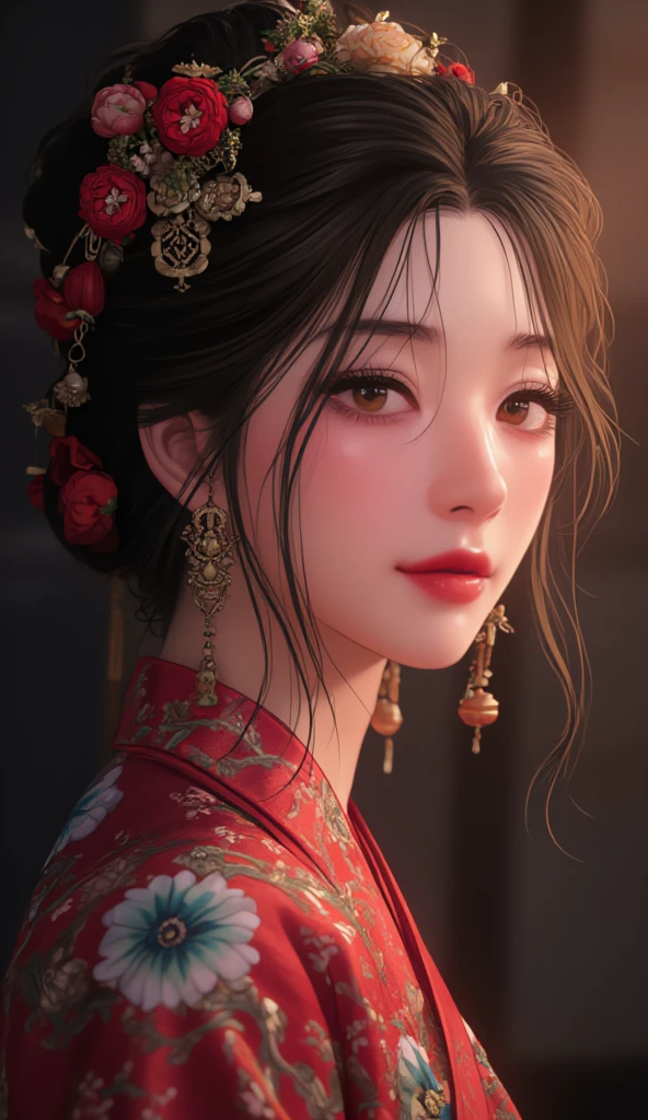 best quality, masterpiece, highres, 1girl,blush,(seductive smile:0.8),star-shaped pupils,china hanfu,hair ornament,necklace, jewelry,Beautiful face,dark studio, rim lighting, two tone lighting,(high detailed skin:1.2), 8k uhd, dslr, soft lighting, high quality, volumetric lighting, candid, Photograph, high resolution, 4k, 8k, Bokeh