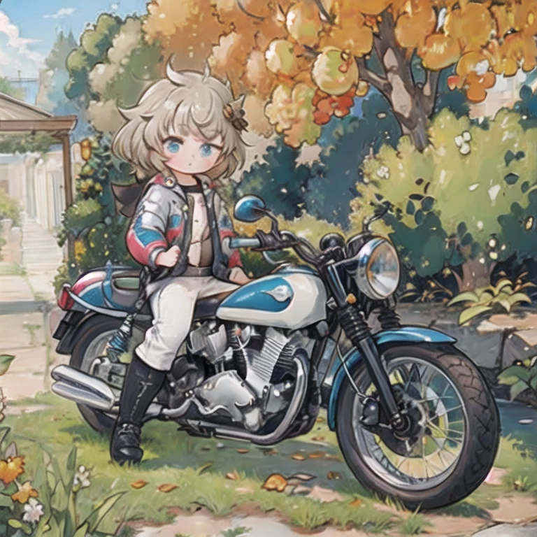 (masterpiece,  best quality:1.2), A young girl rides a small motorcycle, Alone,  fall leaves for vaginal discharge，