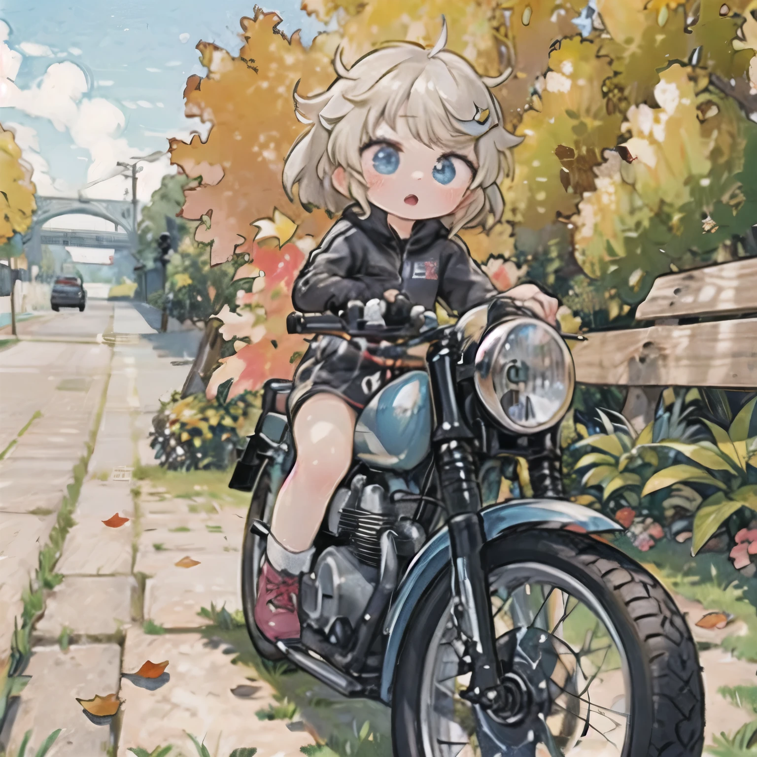 (masterpiece,  best quality:1.2), A young girl rides a small motorcycle, Alone,  fall leaves for vaginal discharge，