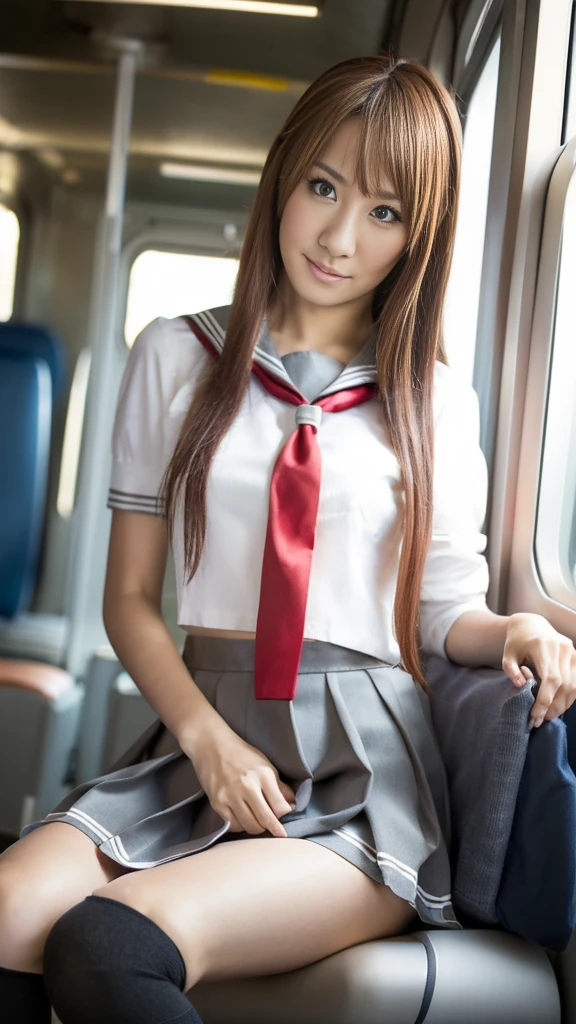 (8k), ( best quality: 1.2), (Realistic), (Realistic: 1.37),  ultra high resolution,  1 girl, cute,  Serious Face ,  closed mouth,  beautiful details , Beautiful Nose, Beautiful Hair,  pork, Thighs，Self snap, school uniform,Riding a train in Tokyo, simple blazer Pleated Skirts,(the skirt and tie:1.3),Cross-legged, the above,(Close up on thighs),(Shiny thighs),(Uniquely designed knee-high socks  :1.2)、Knee-high、 sitting with legs open 、 very thin 、Super Real Photo、 best quality,  Ultra High Definition,  textured skin,  best quality,  anatomically correct,  8k octane,  portrait photography,  movie light effect that won't light up, 、 random hairstyle、 low angle、Short jacket、Knee-high socks with unique designs、 sitting with legs open 、 panchira 、 panties looking at the buttocks are visible、 anatomically correct、Short length、