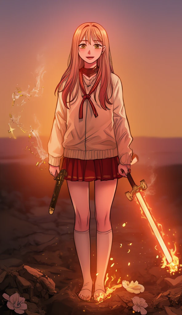 1girl, bangs, breathing fire, burning, burnt clothes, embers, ahoge, beige hair, multicolored hair, fire, flame, flaming sword, (hand on hilt), standing, long hair,  pyrokinesis, expressionless, smoke, flower(symbol),  solo, sparks, sunset, twilight, white flower, molten rock, lily (flower),  fiery flower, depth of field, burning ,