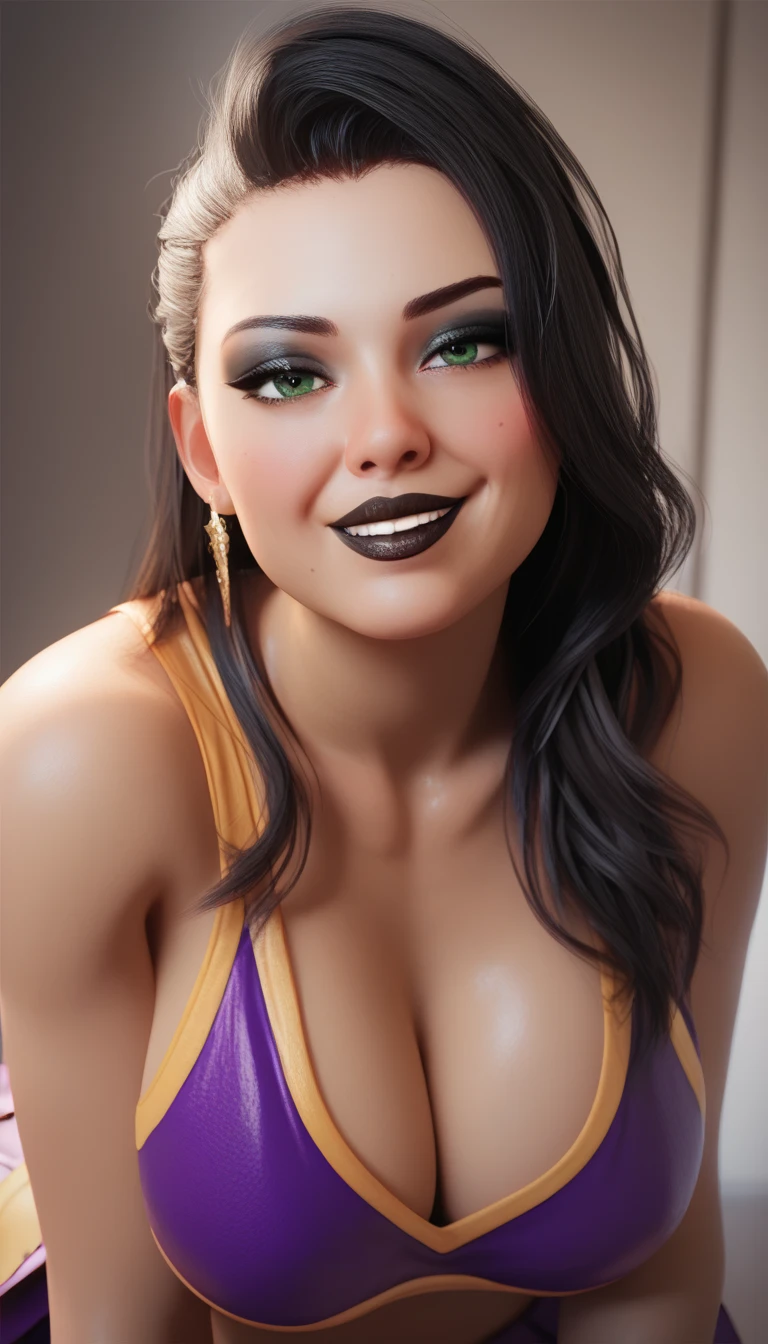 masterpiece, highest quality, highest resolution, distinct_image, detailed details) , 1 girl , solo , young person, 20's , ( large breasts  and large hips ), (attractive body, attractive face and attractive expressions and attractive eyes and attractive lips and attractive cheeks )   , ( soft hair and soft skin  )  , one black mole on left eye , soft lips , black eyeshadow ,  black makeup , green eyes  ,  long hair , dark  hair , black lips , black fingernails , attractive women    ,  attractive girl , big bright eyes    , gold ring , ring , blush , smiling , teasing facial expressions , attractive purple cheerleader , black skinned , 