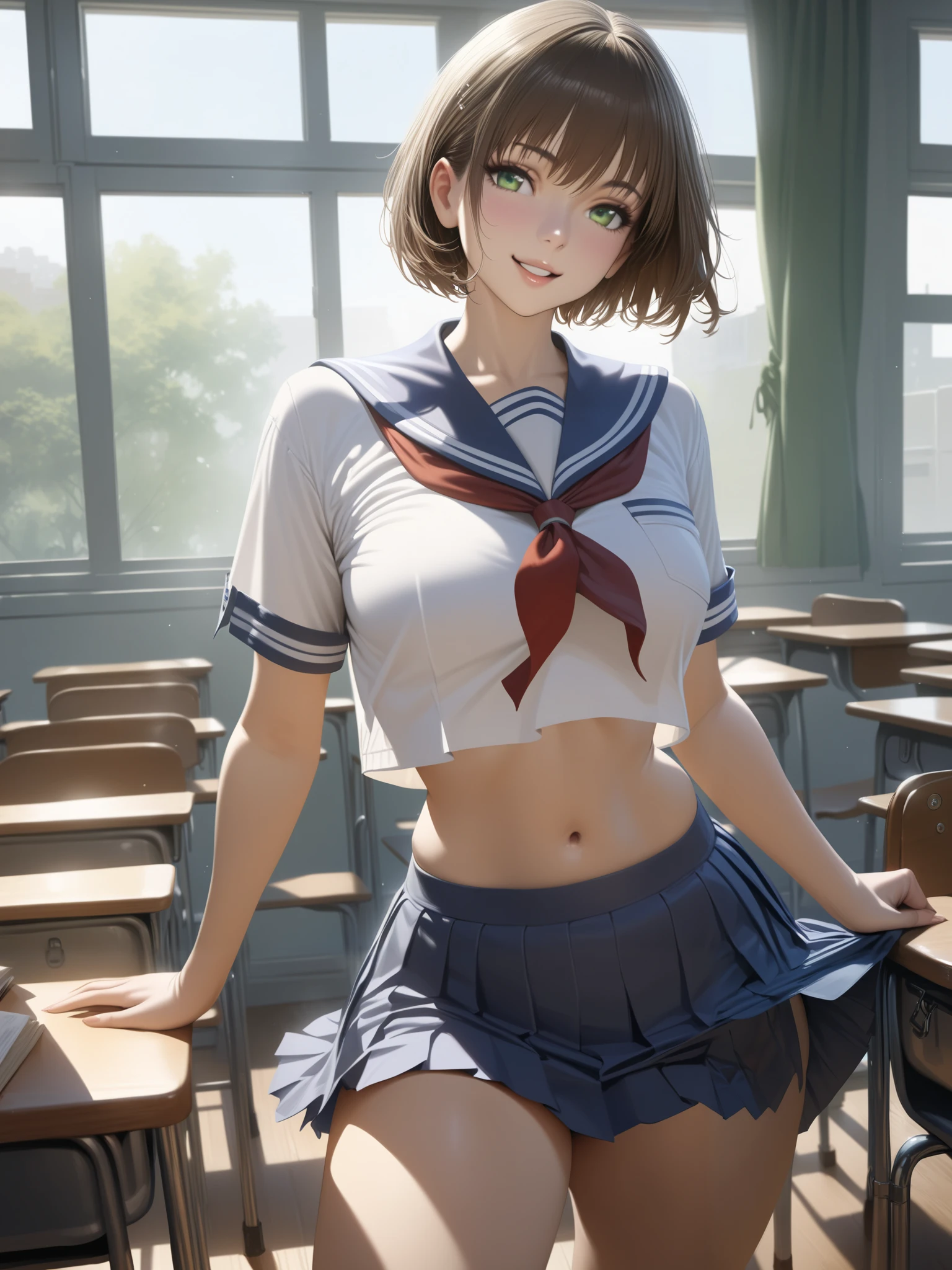 masterpiece, best quality, very aesthetic, realistic anime, 1girl, JK, detailed green eyes, half opened mouth, smile, dark brown silky hair, short cut hair, contrapposto, navel, Captivating thighs, classroom, sheer crop top white shirt, sailor suit, pleated skirt, red ribbon tie, front view 