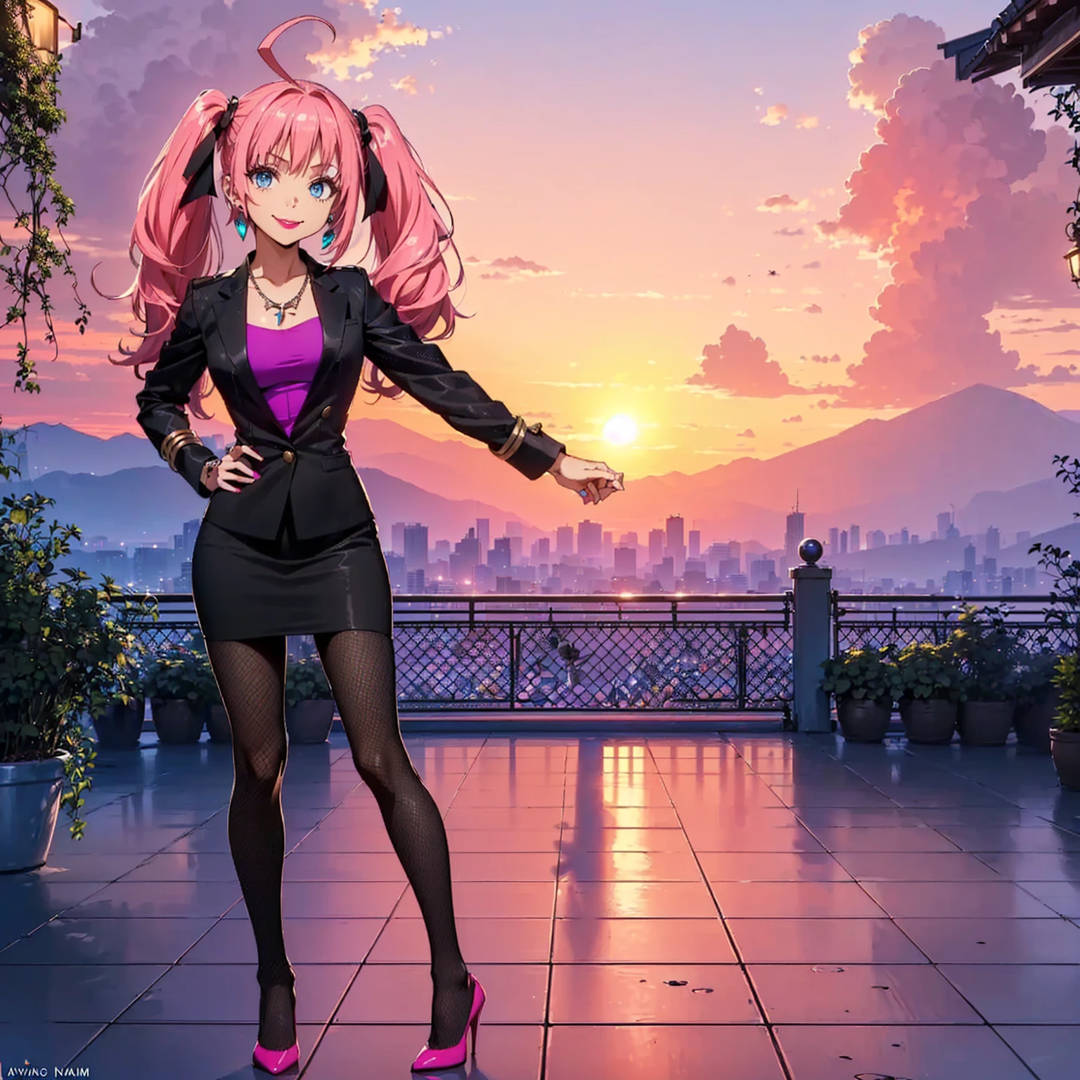 ((1girl, solo ,alone)), ((solo, 1woman, ((milim nava, small bust, twintails, ahoge, blue eyes, long hair, pink hair,)), woman, lipstick, Extremely detailed, ambient soft lighting, 4k, perfect eyes, a perfect face, perfect lighting, a 1girl)), ((solo, (1woman, lipstick), Extremely detailed, ambient soft lighting, 4k, perfect eyes, a perfect face, perfect lighting, a 1girl)), , ((fitness,, shapely body, athletic body, toned body)), ((black suit, black tuxedo, black skirt, pencil skirt, pantyhose, high heels, purple dress shirt, button-down shirt, necklace, earrings, bracelets, building terrace, city on the horizon, mountain, sunrise, daybreak, clouds, sun, smug, red lipstick))