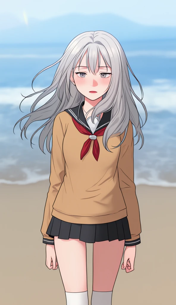 ((masterpiece)), ((best quality)), ((highres)), ((extremely detailed CG unity 8k wallpaper)), solo, tachibana kanade, tan school uniform, black skirt, white socks, outdoors, face, curtained hair, beach, parted hair, silver hair