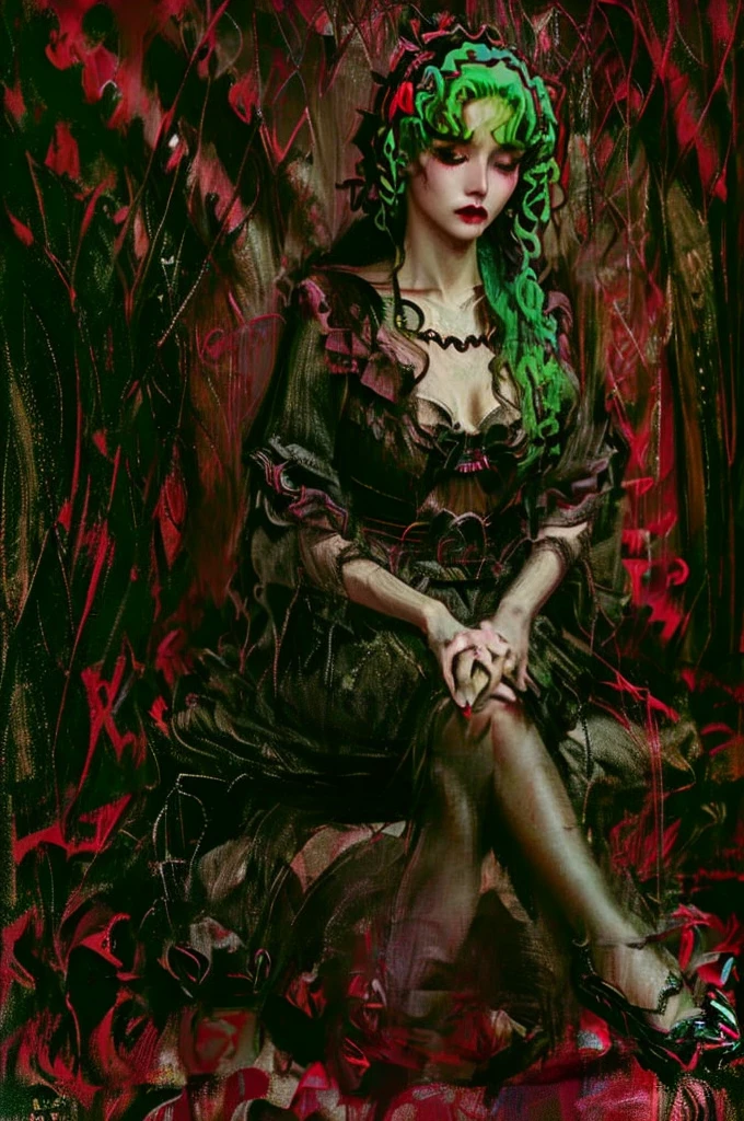 Vampire woman , (vampire), (goth vampire) ( full body), 8K, (( open eyes )),  full body, flawless face,  Girl with a soft body ,  Beautiful woman,  perfect face , (symmetrical,  beautiful face), ((1 girl)), gothic beauty, pale skin,  open eyes , ( open eyes  y detallados), ((Beautiful green hair)), ( short hair )realistic look, sharp focus face , realistic look texture, (( small breasts )),  super detailed skin , Skull background , [sad face, analogue style,  dim and changing lighting , atmospheric, elegant dress, make-up, black lipstick,  long eyelashes ,  beautiful legs . calaveras en el suelo