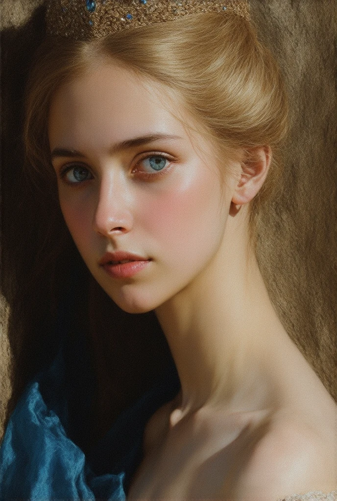 young woman portrait, oil painting, blue-grey eyes, very short golden hair, diademe, wearing blue robe, hills on background
