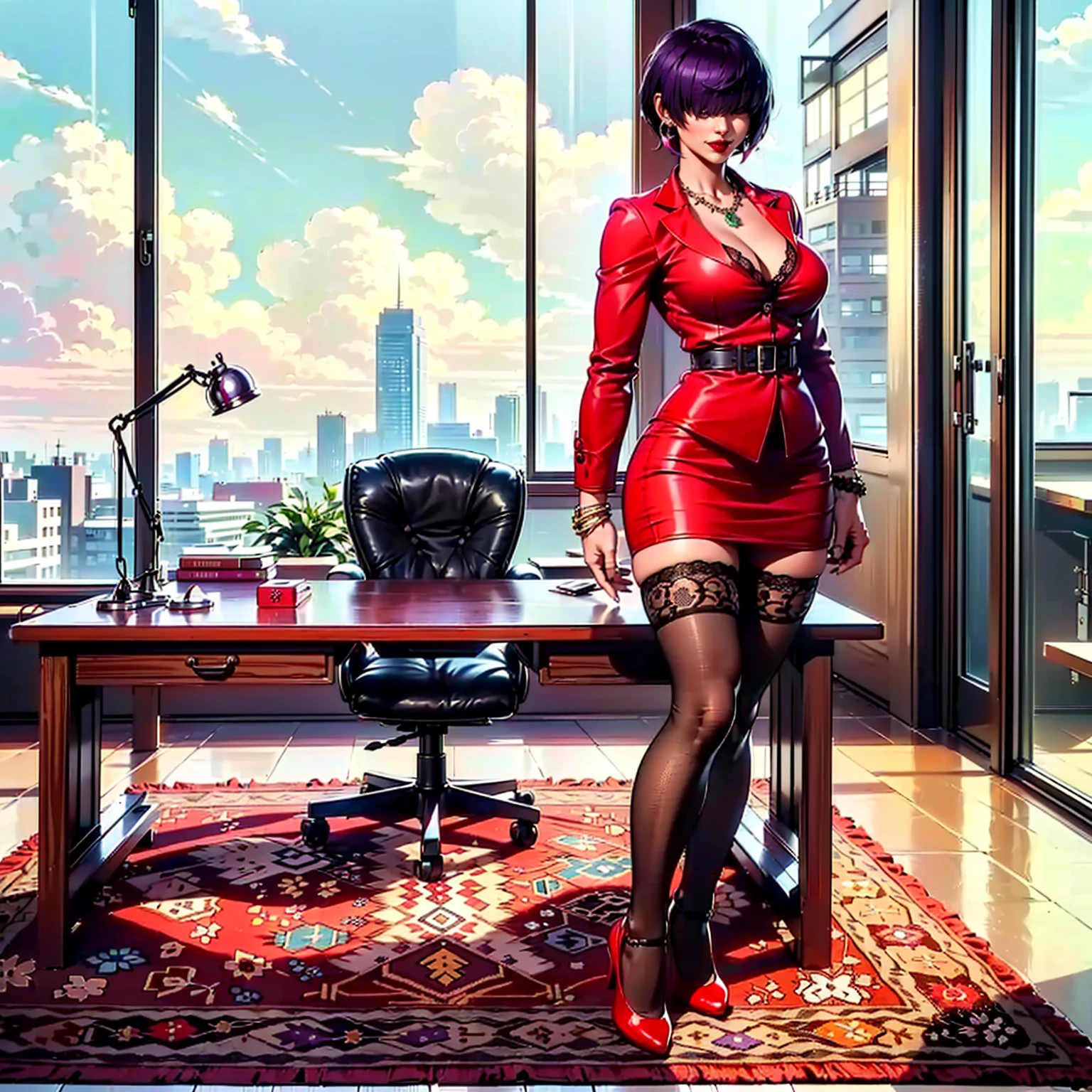 ((shiny eyes, 1girl, milf, standing, sexy pose, ((Orochi_Shermie, purple hair, short hair, hair bangs, hair over the eyes)), perfect face, sharp focus, professional artwork, intricate details)), ((fitness,, shapely body, athletic body, toned body)), ((red suit, red suit, red blazer, red skirt, dress shirt, black tights, lace tights, necklace, earrings, bracelets, office, executive room, Persian rug, desk, rolling chair, window, city, clouds, smug, red lipstick))