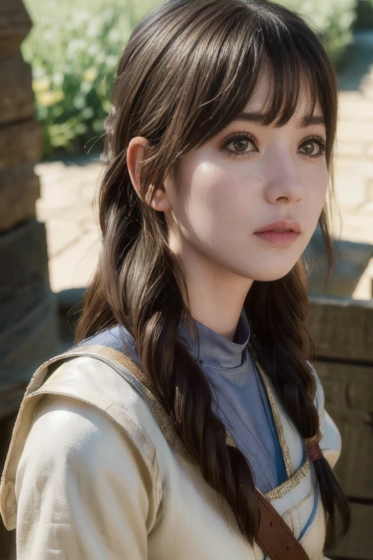 young medieval peasant woman with long black hair, porcelain skin, 8k, medieval city, A beautiful adult woman with a soft face, perfect brown eyes, detailed face, long eyelashes, cinematic photorealistic lighting, (best quality,4k,8k,highres,masterpiece:1.2),ultra-detailed,(realistic,photorealistic,photo-realistic:1.37),cinematic, bright light