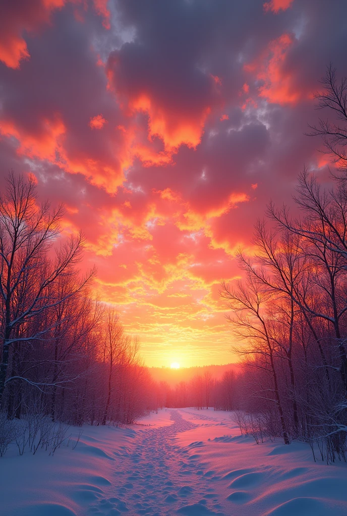 Orange and purple sunset in winter.