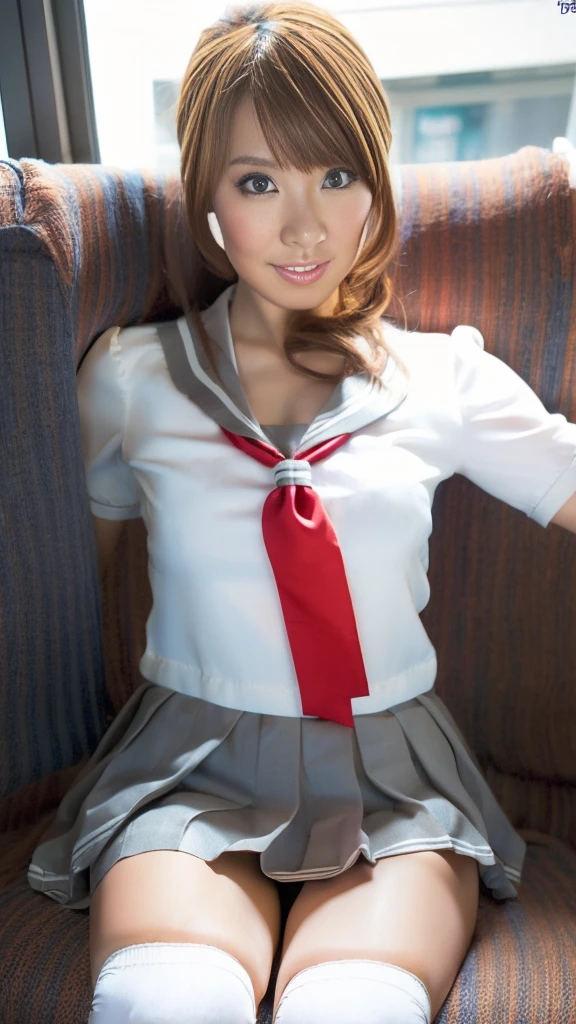 (8k), ( best quality: 1.2), (Realistic), (Realistic: 1.37),  ultra high resolution,  1 girl, cute,  closed mouth,  beautiful details , Beautiful Nose, Beautiful Hair,  pork, Thighs，Self snap, school uniform,Riding a train in Tokyo, simple blazer Pleated Skirts,(the skirt and tie:1.3),Cross-legged, the above,(Close up on thighs),(Shiny thighs),(Uniquely designed knee-high socks  :1.2)、Knee-high、 sitting with legs open 、 very thin 、Super Real Photo、 best quality,  Ultra High Definition,  textured skin,  best quality,  anatomically correct,  8k octane,  portrait photography,  movie light effect that won't light up, 、 random hairstyle、 low angle、Knee-high socks with unique designs、 sitting with legs open 、 Panchira 、 panties looking at the buttocks are visible、 anatomically correct、short uniform 、 sitting with legs standing、