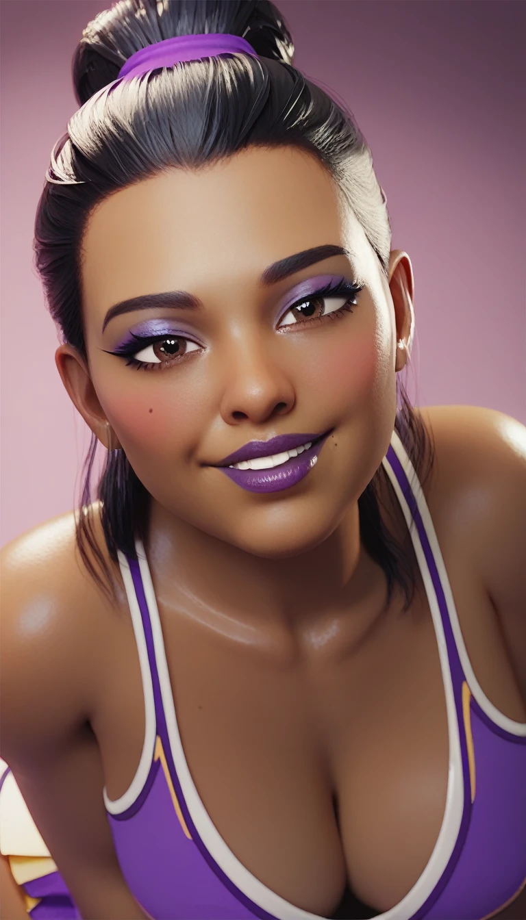 masterpiece, highest quality, highest resolution, distinct_image, detailed details) , 1 girl , solo , young person, 20's , ( large breasts  and large hips ), (attractive body, attractive face and attractive expressions and attractive eyes and attractive lips and attractive cheeks )   , ( soft hair and soft skin  )  , one black mole on left eye , soft lips , purple eyeshadow ,  purple makeup , brown eyes  ,  soft hair , black hair , purple lips , purple fingernails , attractive women    ,  attractive girl , big bright eyes  , blush , smiling , teasing facial expressions , attractive purple cheerleader , black skinned , African women ,