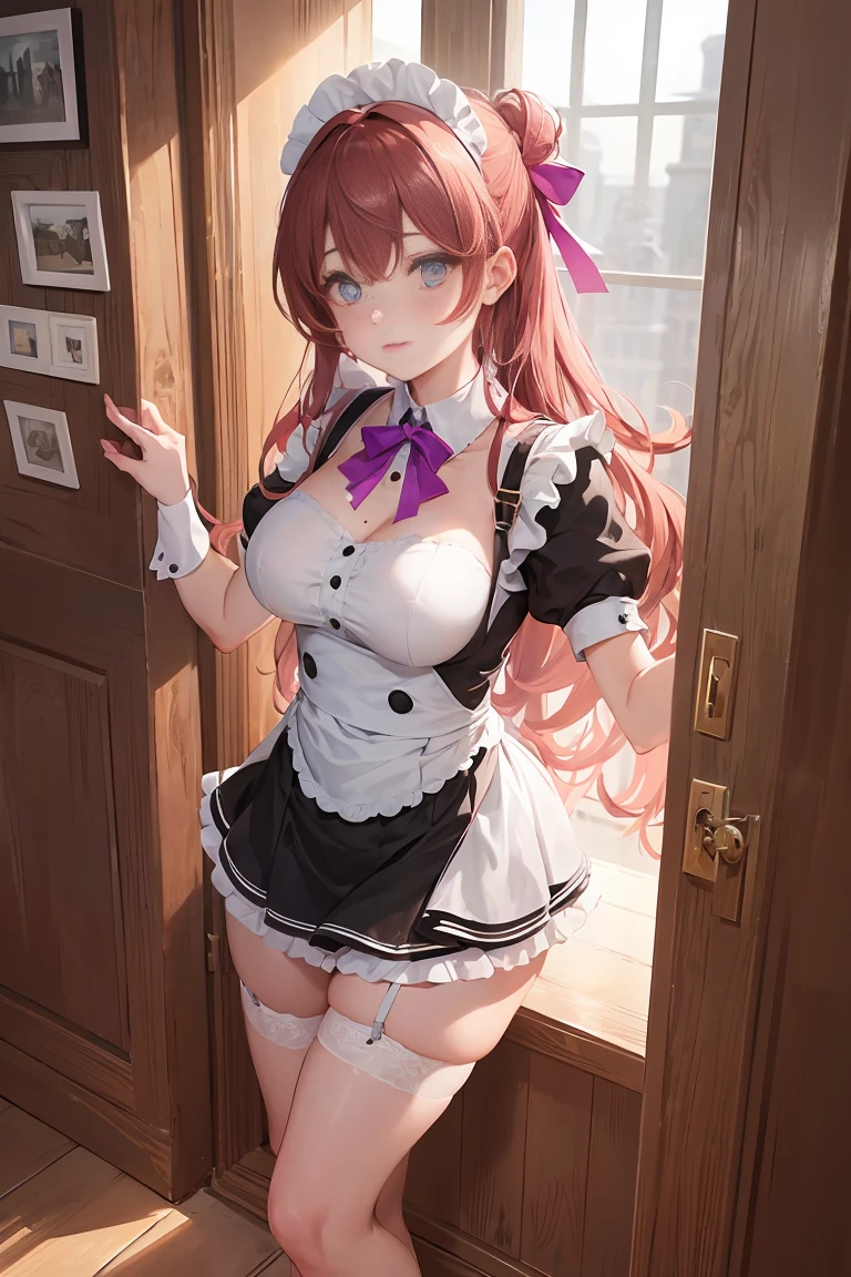 /draw apron orange_hair, light green color eyes, breasts breasts_out couch dress female frills gloves highres koruse large_breasts long_hair looking_at_viewer lying maid maid_apron maid_headdress no_panties original solo gloves black pantyhose lifts her skirt and shows her ass in pantyhose HD UHD HQ