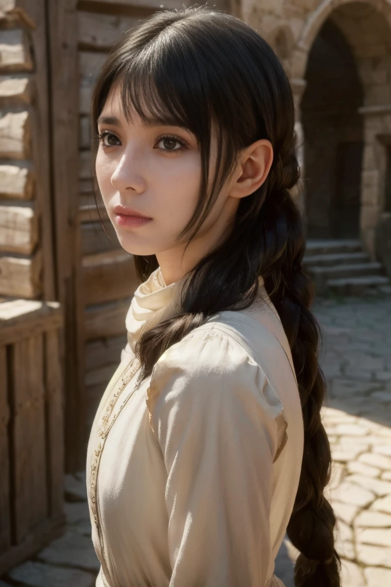 young medieval peasant woman with long black hair, porcelain skin, 8k, medieval city, A beautiful adult woman with a soft face, perfect brown eyes, detailed face, long eyelashes, cinematic photorealistic lighting, (best quality,4k,8k,highres,masterpiece:1.2),ultra-detailed,(realistic,photorealistic,photo-realistic:1.37),cinematic, bright light