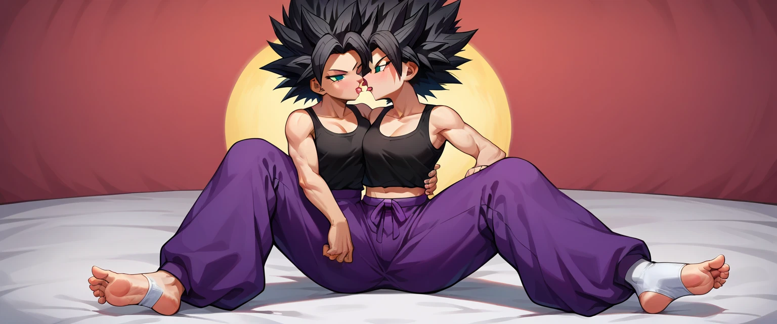 1futanari Saiyan, purple hair combed back, green eyes,slim, thin waist, wide hips, brown skin color, medium breasts, naked, huge dick, huge long dick, 2 meter dick ,steamy dick , erect dick , immense dick , futanari dick inside on girl, futanari on girl, sex, girl dark hair.
