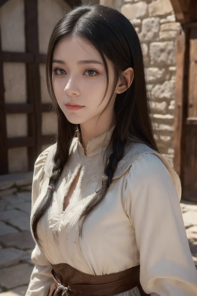 young medieval peasant woman with long black hair, porcelain skin, 8k, medieval city, A beautiful adult woman with a soft face, perfect brown eyes, detailed face, long eyelashes, cinematic photorealistic lighting, (best quality,4k,8k,highres,masterpiece:1.2),ultra-detailed,(realistic,photorealistic,photo-realistic:1.37),cinematic