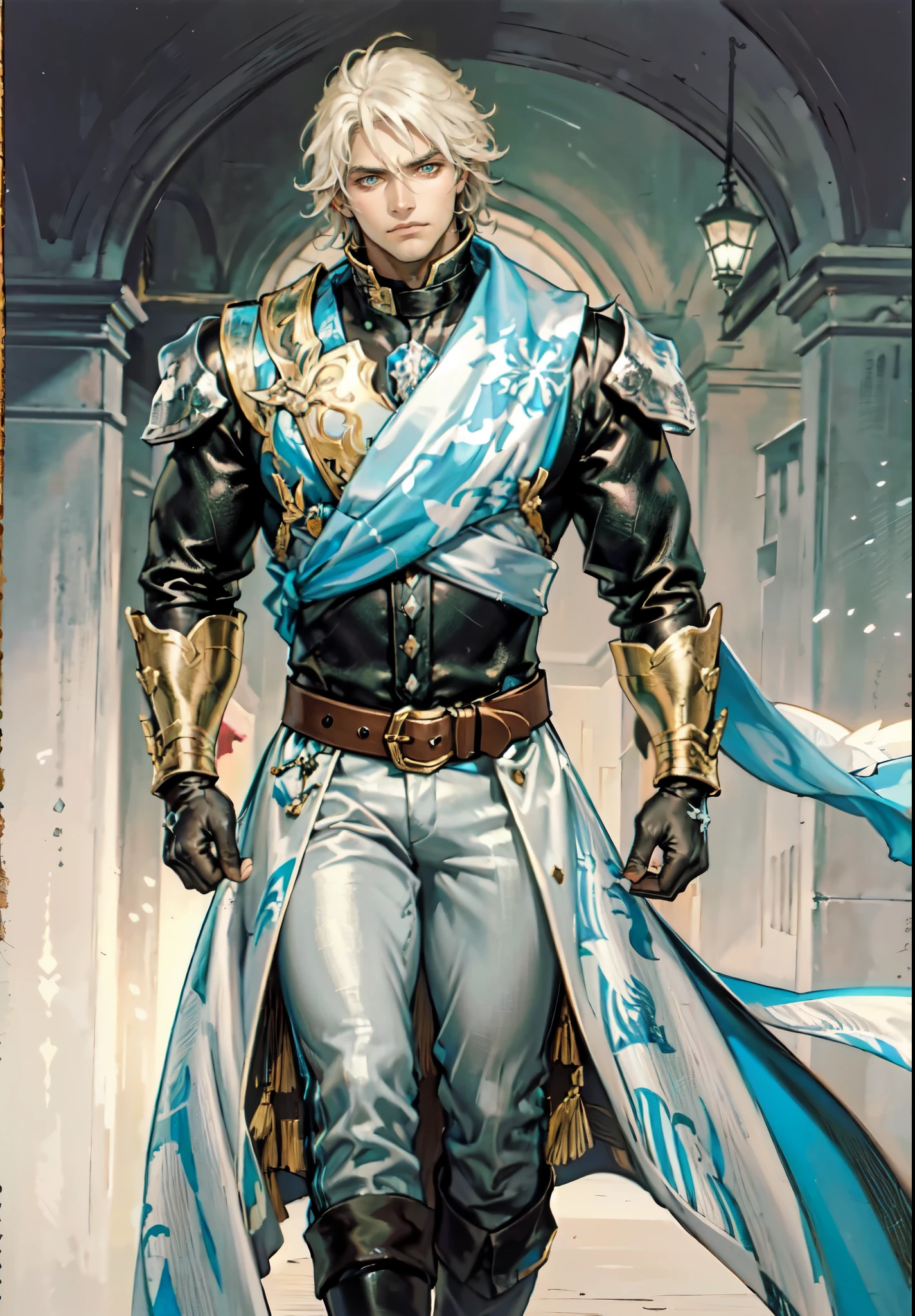 (masterpiece:1.2, best quality:1.2, extremely delicate:1.2), ((male:1.5)), a middle-aged man with short tousled golden hair, deep-set eyes, sharply defined features, serious expression, luxurious yellow-and-white fantasy-style composite silk satin top, silk ribbon cape around the upper body, small metallic shoulder pads, fabric gloves, a belt adorned with metallic gear decorations, dark hem, white fabric trousers, strolling in a medieval fantasy-style city, this character embodies a finely crafted fantasy-style nobleman in anime style, exquisite and mature manga art style, dramatic, high definition, highres, ultra-detailed, ultra-fine painting, professional, perfect body proportions, golden ratio, anatomically correct, symmetrical face, extremely detailed eyes and face, high quality eyes, creativity, RAW photo, UHD, 32k, Natural light, cinematic lighting, (masterpiece-anatomy-perfect:1.2)