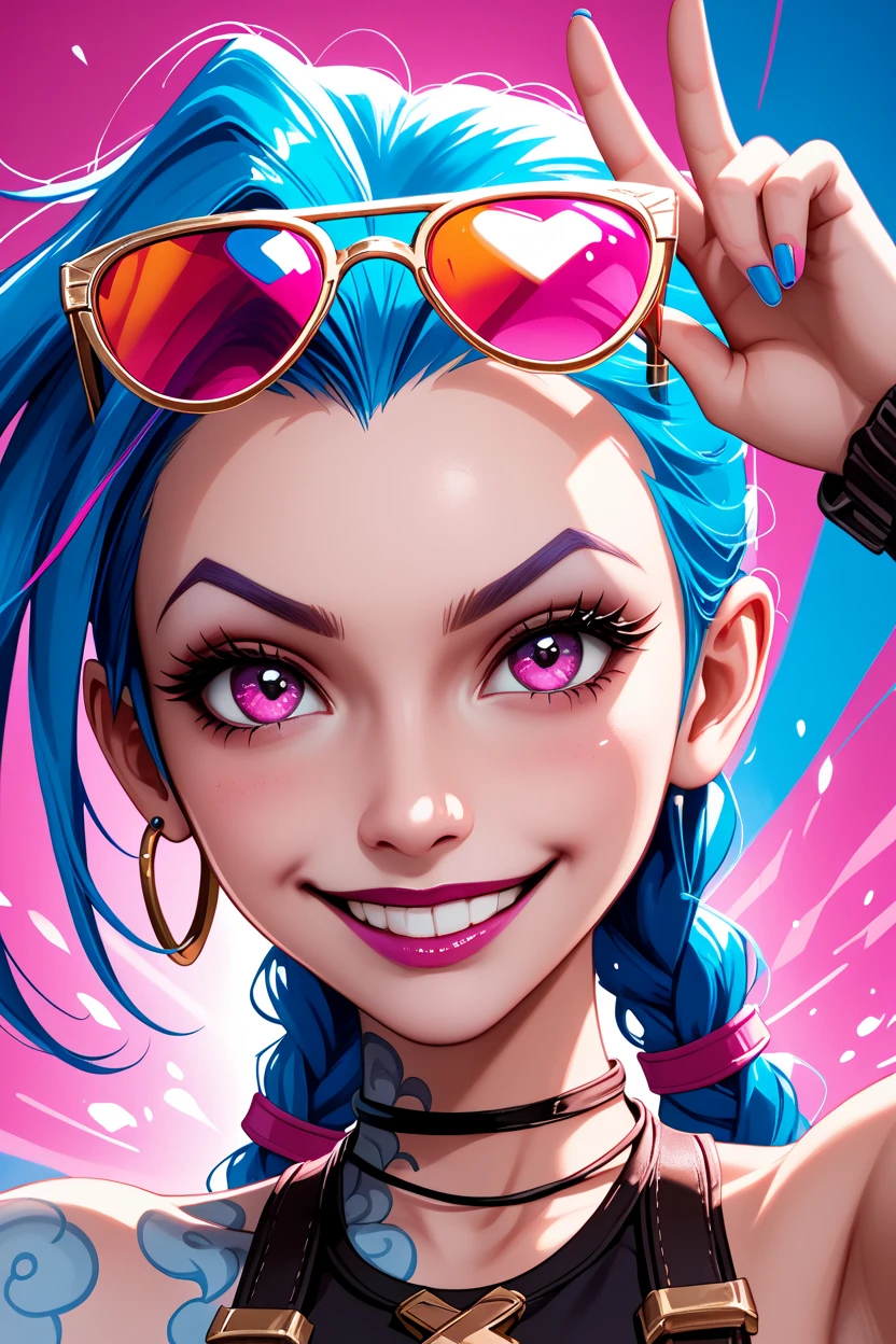 score_9, score_8_up, (masterpiece:1.3), (best quality:1.3), (Ultra HD:1.3), vibrant Pop Art illustration, close-up of Jinx from League of Legends, dynamic composition, colorful sunglasses, detailed tattoos on arms, (model pose:1.3), mischievous smirk, flowing blue hair with pink highlights, animated illustration style, bold outlines, vivid neon colors, gradient effects, high-contrast lighting, comic book texture, color inkjet style, "JINX" text in bold graffiti font.