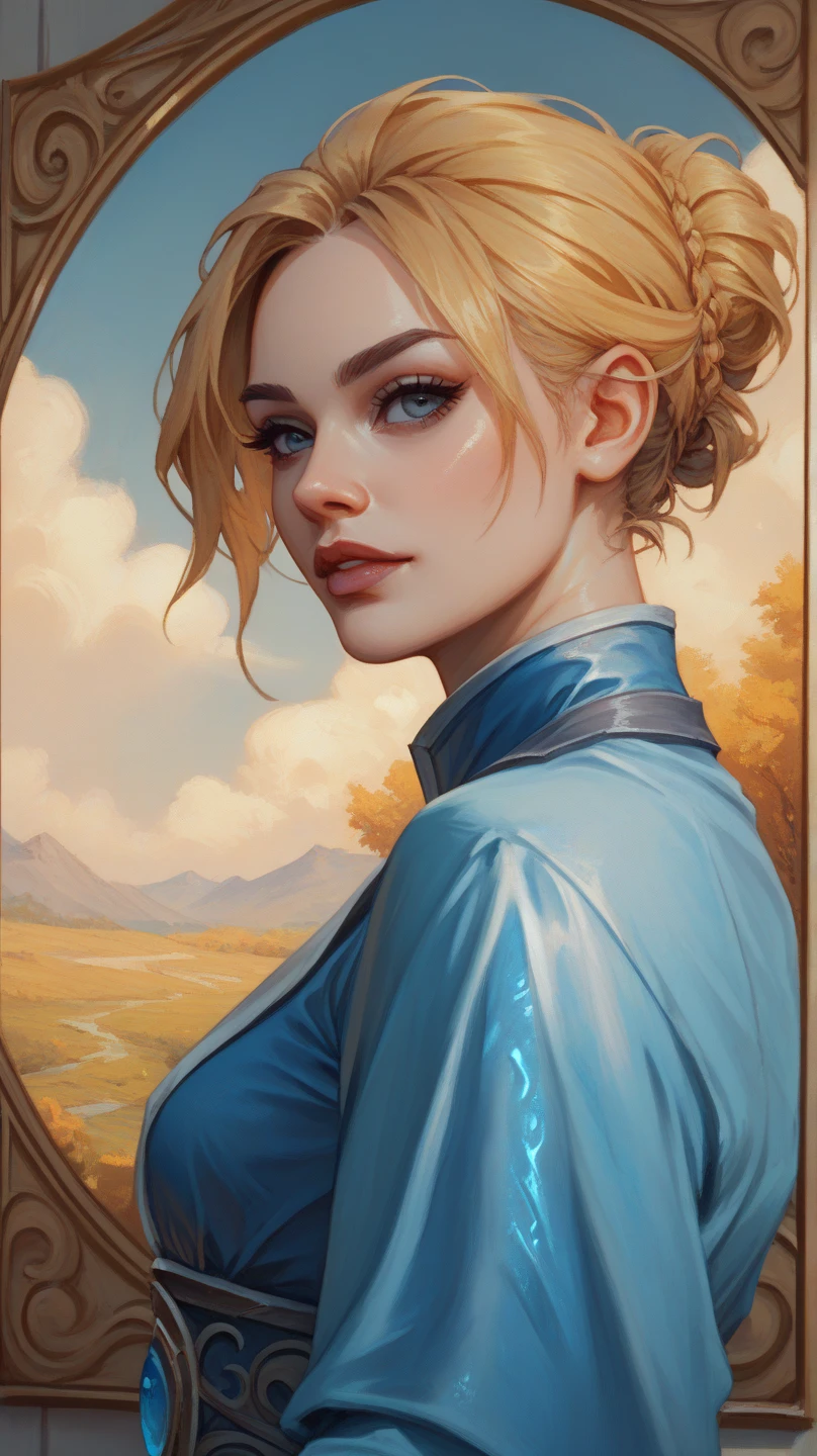 TyrN, young woman portrait, oil painting, blue-grey eyes, very short golden hair, diademe, wearing blue robe, hills on background