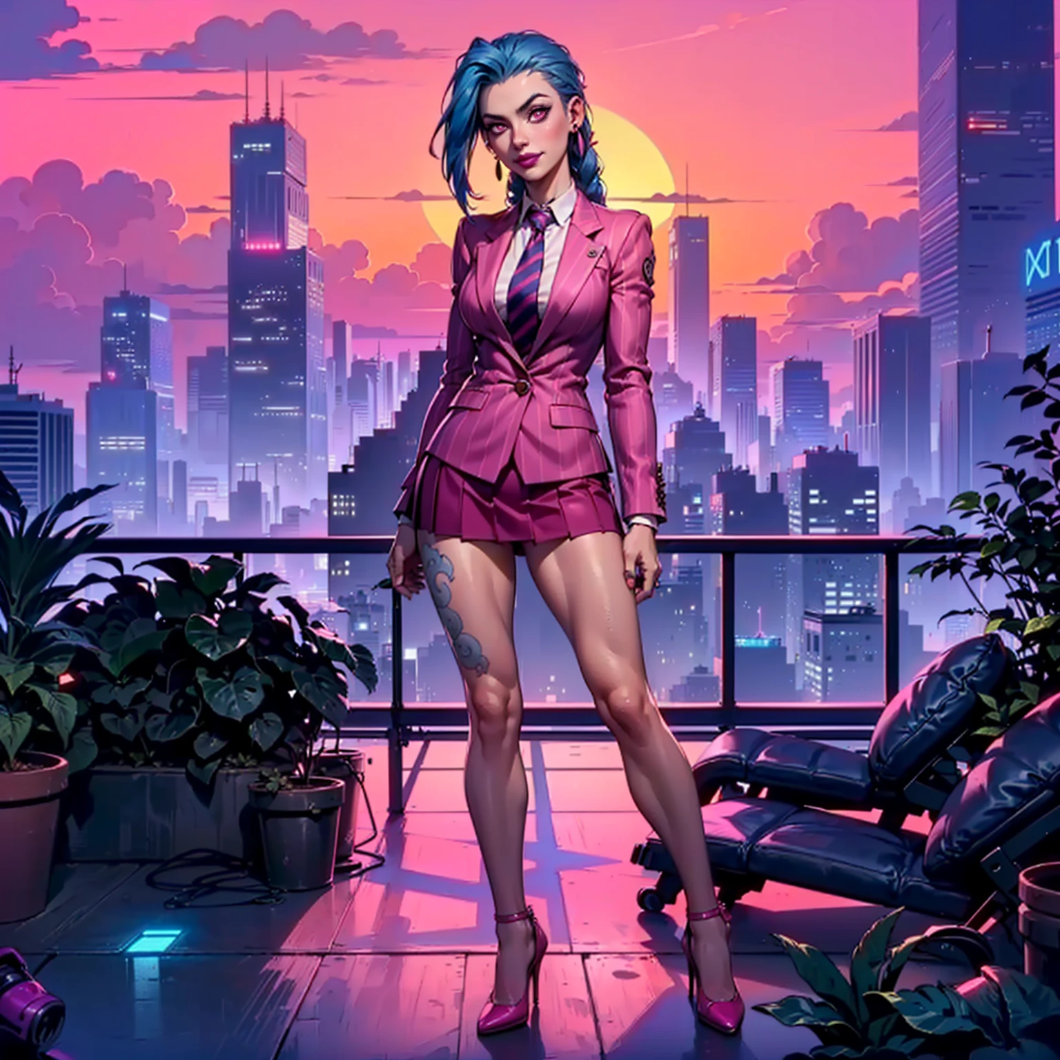 ((1girl, solo ,alone, (jinxlol, long hair, blue hair, hair ornament, pink eyes, blue hair),small breasts, small bust, tiny breasts, blue tattoos)), ((solo, 1woman, pink lipstick, Extremely detailed, ambient soft lighting, 4k, perfect eyes, a perfect face, perfect lighting, a 1girl)), austere, ((fitness,, shapely body, athletic body, toned body)), ((pink suit, striped suit, pink blazer, pink skirt, tattoos, high heels, dress shirt, striped tie, earrings, cyberpunk city, sunset, clouds, buildings, terrace, plant pots, smug))