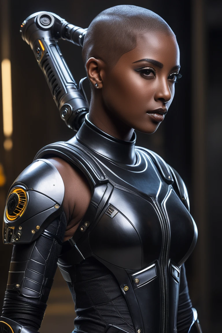(obra de arte, melhor qualidade), deep ebony 1girl, rosto bonito, cachos cacheados afro, Cyborg adulta. Com endo esqueleto de Titanium.corpo inteiro.pose