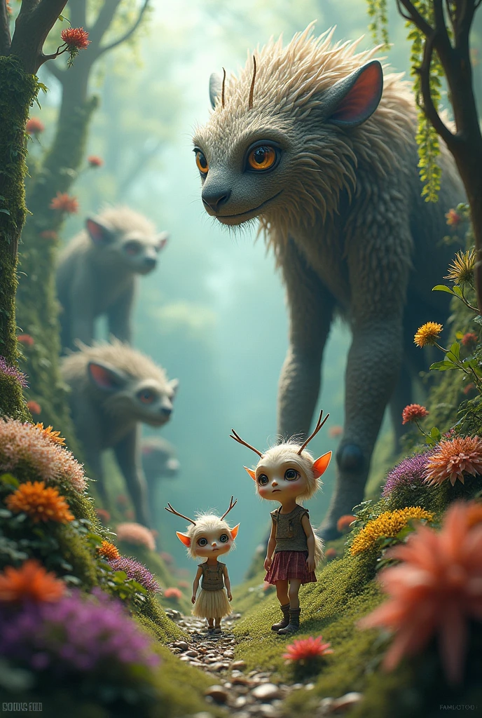 Fantastic world with small humanoid beings big eyes . Fantastic animals with large and long bushes moving and vegetation of different colors