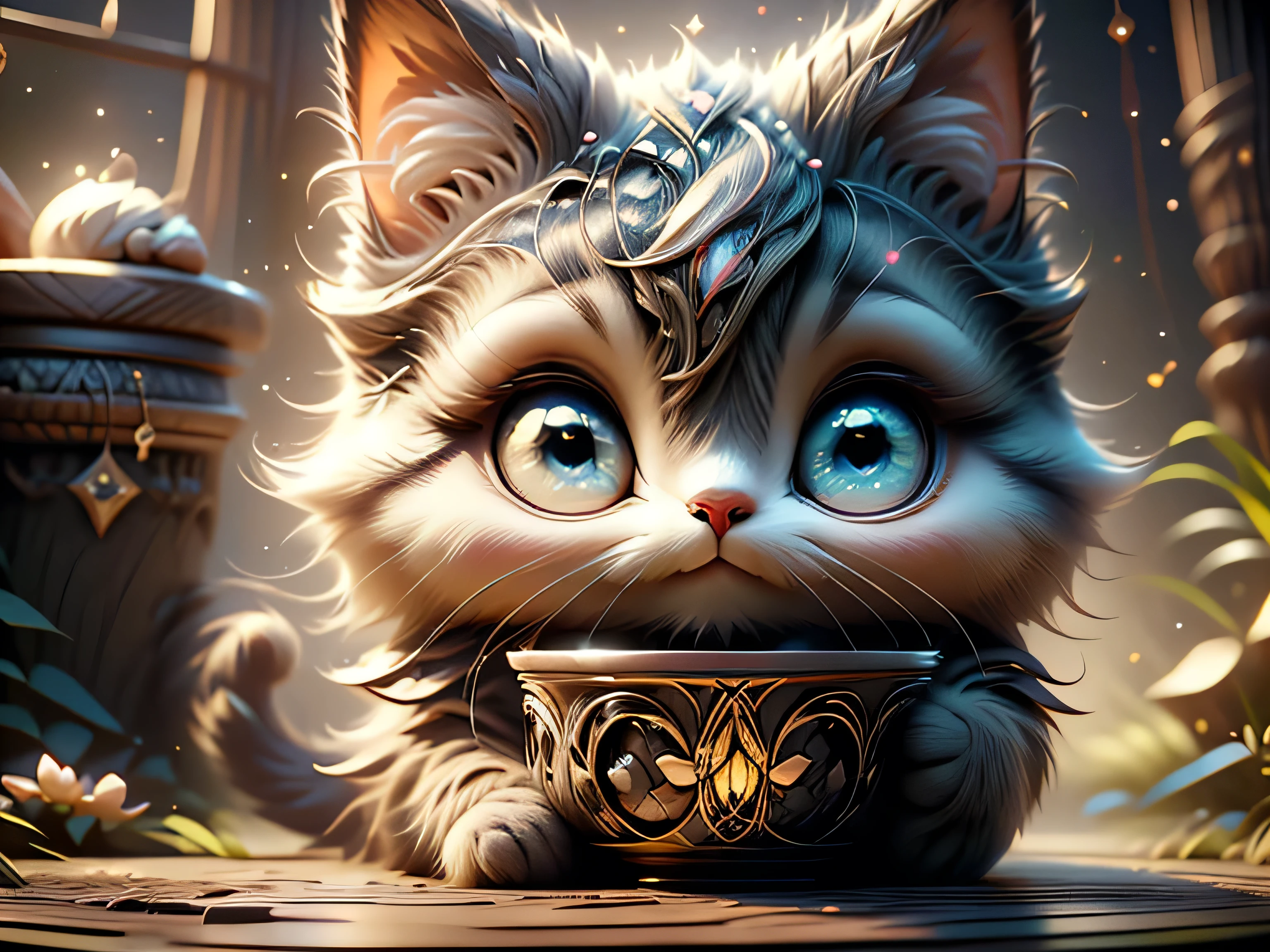 Magical Fantasy Creature, (Best Quality, Masterpiece, Representative Work, Official Art, Professional, Super Detailed, 8k:1.3), (Photorealism:1.2) Super Cute, Big Eyes, Soft, Soft Nose, Fluffy, Two-Toothed Smile, Cheshire Cat Holding a Cup, Realistic, Beautiful, Stars in Eyes, Soft Volumetric Light, (Backlight:1.3), (Cinematic:1.2), Intricate Details, (ArtStation:1.3), --auto --s2