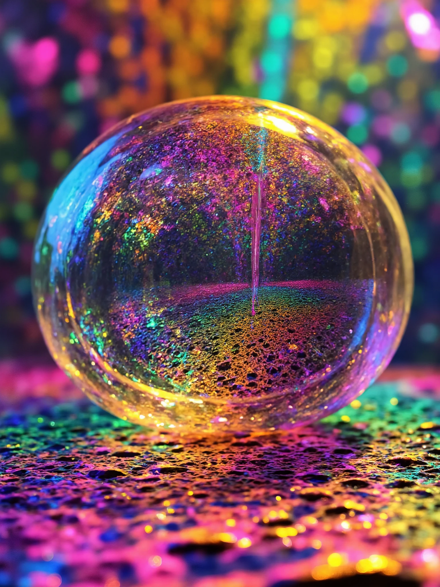 Incredibly detailed 3d glass spheres and bubbles with depth and neon fizzy liquid inside that spill out of one and into anorher. vibrant colors in a psychedelic dream, shimmering glass morphing out of colors, tripped out detailed patterns in all colors, perfectly formed symmetrical spheres and glowing reflective bubbles, attention to detail on the bubbles and spheres, rainbows of color twisted in and out of translucent orbs, background is spilled paint and spirals of swirling colour, beautiful psychedelic digital art, pixel art, neon colors, 4d mandelbulb psychedelics, glass like psychedelic landscape, intricate rainbow environment, psychedelic underwater brightness, LSD,DMT, Psilocybin, Mescaline, trails of color and light, bright fluorescent colors, psychedelic trip, fluorescent psychedelic aesthetic, psychedelic vibrant colors, bright psychedelic neon colors,with reds,greens,and yellow, colorful paint drips out of the bubbles, 3d glass spheres melt into each other spilling out colours, visually disorienting, colors pouring out of glass spheres and creating rivers of different hues across the ground in a hallucination inducing experience far past optical illusions, startling, stunning images, awe inspiringly, best quality,Pixel Assets, Portrait photography, surrealism, Photorealistic, Hyperdetailed, Glass Morphism, Digital Art, Sparkle, Optical Illusion, Glowing Light, Reflection Light, Overexposure, God rays, Backlighting, Depth Of Field, Rotational Symmetry, UHD, High Details, High Quality, Super Detailed, Best Quality, Unique, Avant garde, Award Winning, MasterpieceAn amazing image of light emerging from colors in a psychedelic dream, shimmering glass morphing out of colors, bright neon and fluorescent colors,very bright, vibrant colors, perfectly formed and symmetrical reflective bubbles and spheres, attention to detail with these beautiful bubbles and spheres, Extreme Hallucinations in a gorgeous piece of psychedelic digital artwork, Stunning, pixel art.