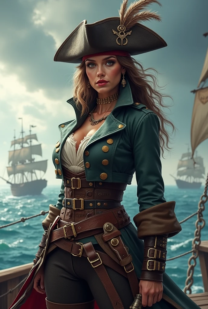 (Masute Piece, An interesting image of a sensual pirate dressed in blue tones as a seductive pirate.:1.3), (Captivating depiction that represents the perfect combination of glamour and adventure.:1.2), (Meticulously crafted to emphasize the character's enchanting charm.:1.2), (Charming pirate in charming pirate costume that emphasizes her figure.:1.1), (Balancing classic pirate elements with a modern touch of sensuality.:1.1), (Her confident and courageous expression is:、Add to her mystical charm.:1.1), (Attention is paid to the details of the set., From low neck to sophisticated accessories.:1.1), (The background captures the essence of the pirate world., With treasures and adventure tips:1.1), (While embracing sensuality.、A depiction that evokes a sense of interest and adventure.:1.1), (The combination of attractive aesthetics and the spirit of piracy is、Create visually appealing compositions:1.1), (The image inspires viewers to imagine the story and escape of this charming pirate character.:1.1), (A work of art that celebrates both imagination and glamour in a lively and captivating way.:1.1), (An invitation to embrace the charm of the high seas and the fascinating world of sensual pirates.:1.1)), motion picture, ultra-detail, insane details, Beautifully graded colors, unreal engine, Degrees of Freedom, Hyperresolution, Megapixels, Weight loss in the cinema, Anti-Aliasing, FKA, NBTC., EGAT., S., Post-processed, Post productions, Tone mapping, ..CGI, VFX, Tokusatsu, Inarily detailed and intricate, Hypermaximism, Hyper-Realistic, volumetric, photorealistic portrait, ultra photoreal, ultra-detail, intricate detailed, Super Detailed, Full Color, Volumetric lightning, EGAT., Realistic, unreal engine, 16K, crisp focus, octanerender