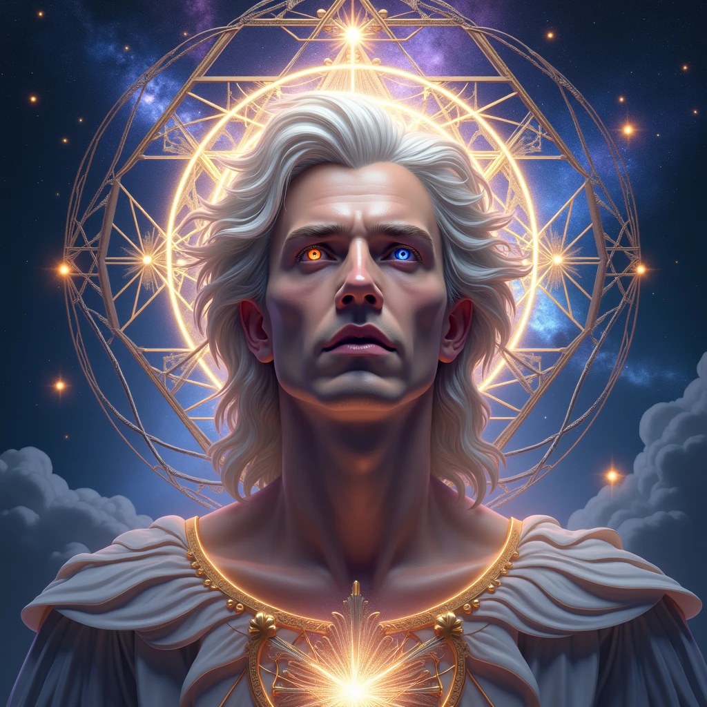 The Creator manifests as an old, radiant male ethereal entity, envolta em luz dourada e brilhante. Ele pode assumir formas diversas, from an angelic being to a cosmic figure of astronomical proportions.