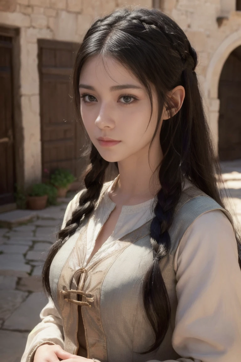 young medieval peasant woman with long black hair, porcelain skin, 8k, medieval city, A beautiful adult woman with a soft face, perfect brown eyes, detailed face, long eyelashes, cinematic photorealistic lighting, (best quality,4k,8k,highres,masterpiece:1.2),ultra-detailed,(realistic,photorealistic,photo-realistic:1.37),cinematic