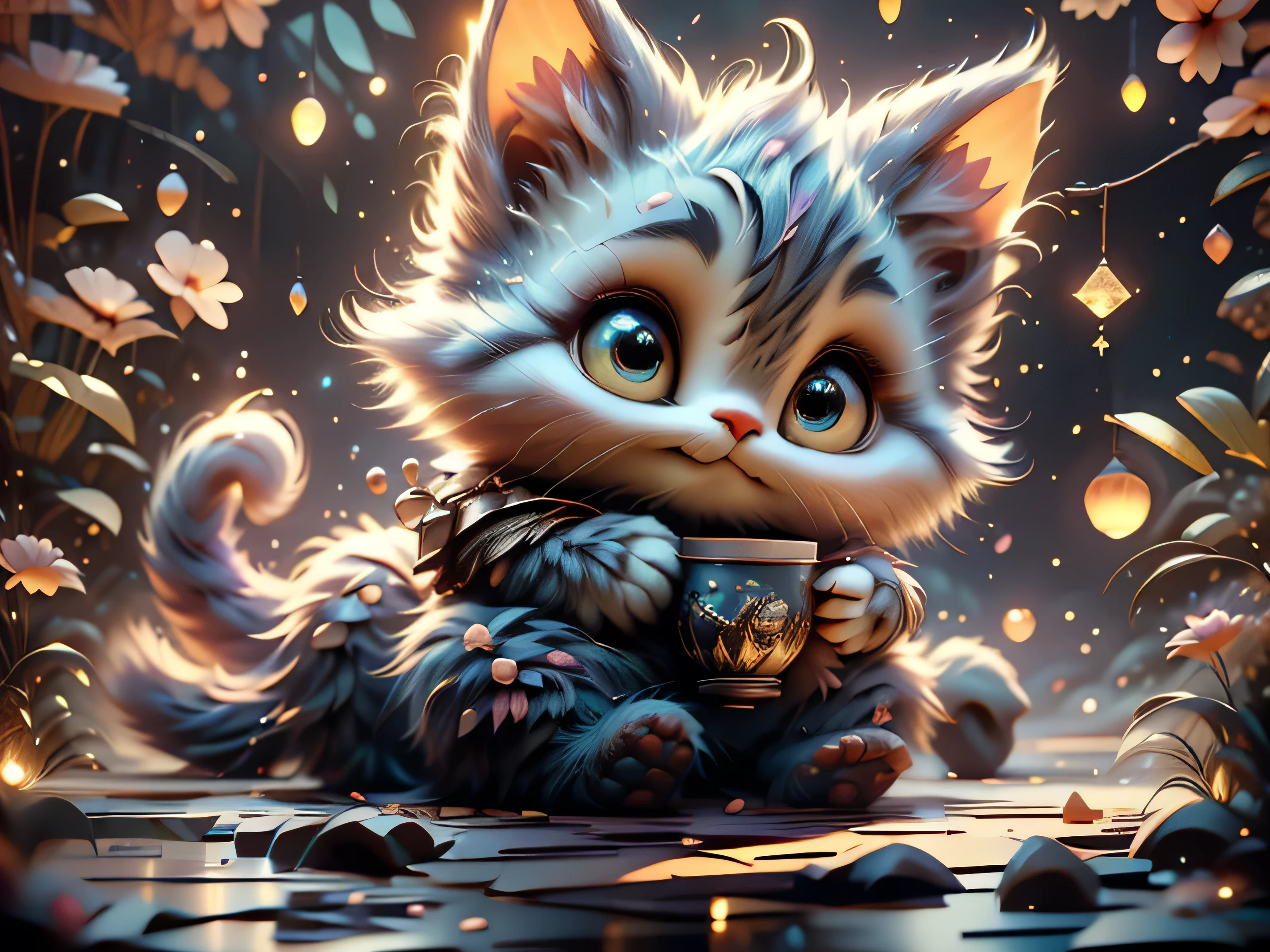 Magical Fantasy Creature, (Best Quality, Masterpiece, Representative Work, Official Art, Professional, Super Detailed, 8k:1.3), (Photorealism:1.2) Super Cute, Big Eyes, Soft, Soft Nose, Fluffy, Two-Toothed Smile, Cheshire Cat Holding a Cup, Realistic, Beautiful, Stars in Eyes, Soft Volumetric Light, (Backlight:1.3), (Cinematic:1.2), Intricate Details, (ArtStation:1.3), --auto --s2