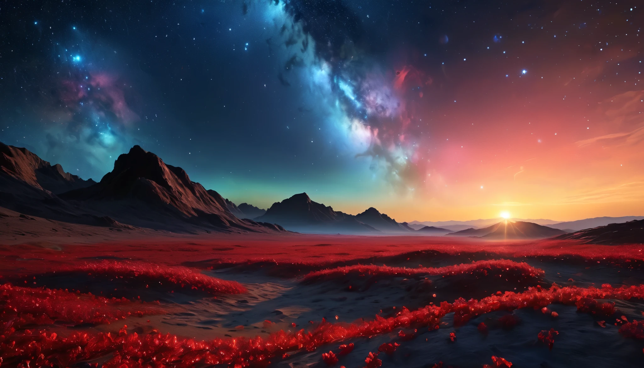 A calm universe with dimly glowing red nebulae stretching across the horizon, scattered with fewer but larger stars in a serene, cosmic emptiness.