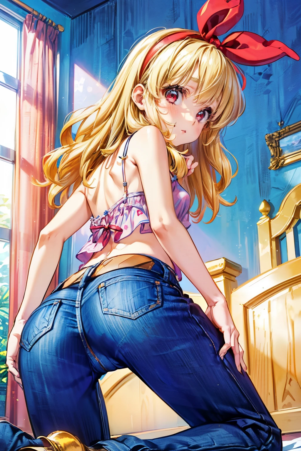 (RED Ribbon on HAIRband:1.2), 1girl, (*** :1.4), solo focus, back view, Blonde_HAIR,(from below:1.4), 
blush, (small and tiny hip), thin butts, thin thigh, buggy (camisole), (denim pants:1.2),
(kneeling, on all fours:1.2), (looking back, looking at viewer:1.4), (sticking out butts:1.2),
(in the Bedroom), indoors, dutch angle