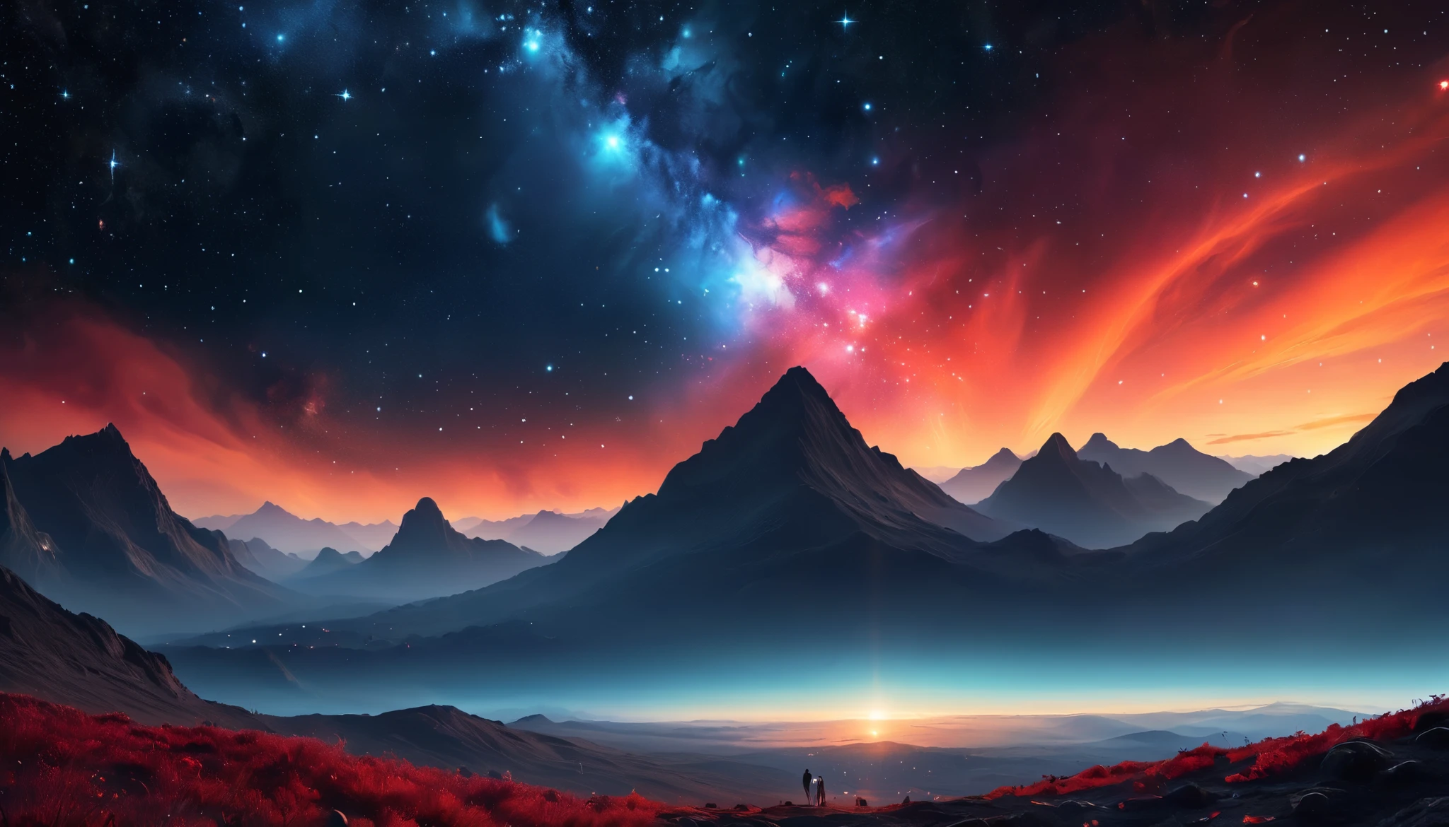 A calm universe with dimly glowing red nebulae stretching across the horizon, scattered with fewer but larger stars in a serene, cosmic emptiness.